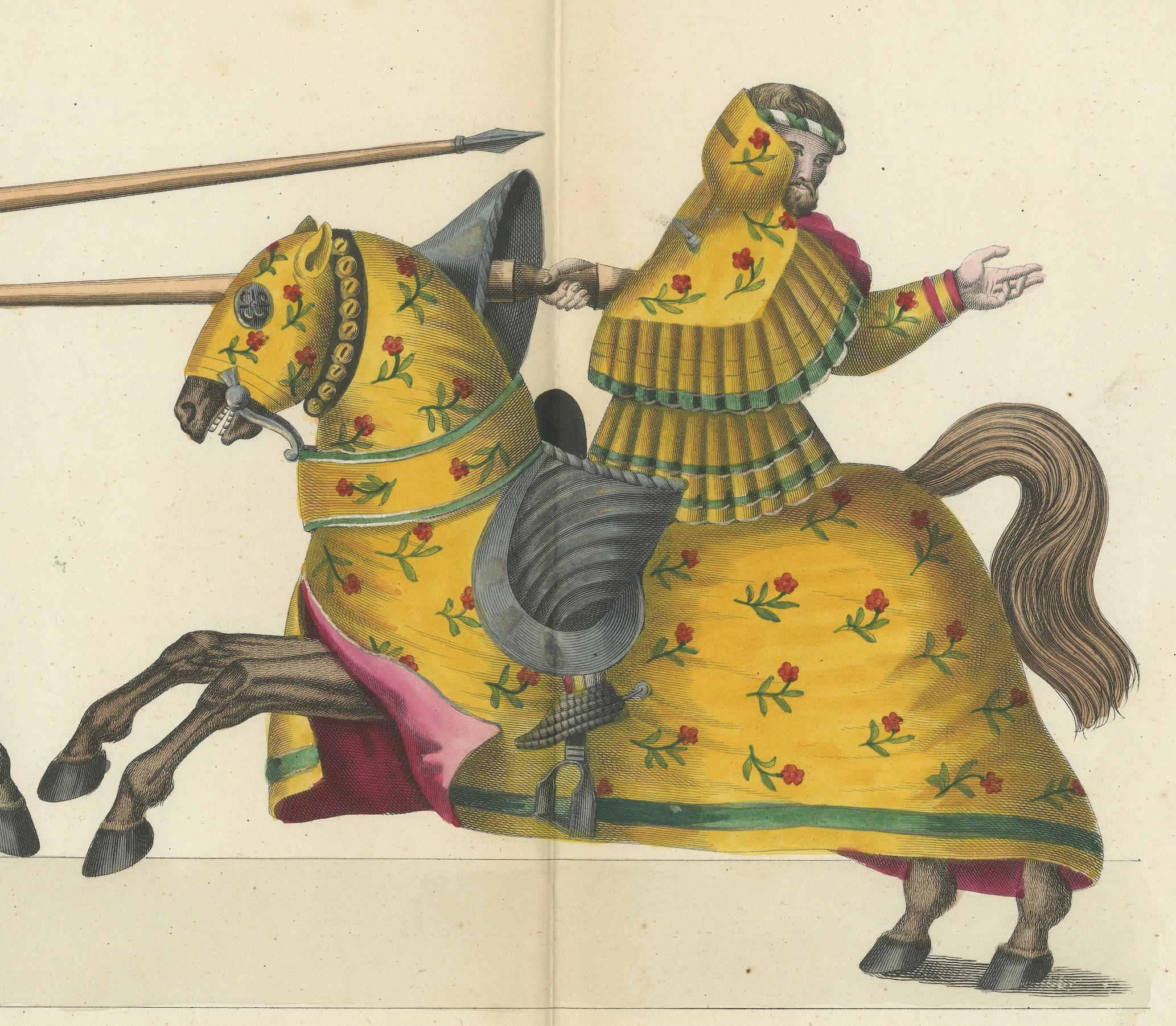Handkolorierte Jousting-Szene mit lebhaft gestreiften und geblümten Caparisons mit lebhaften Streifen, 1842 im Angebot 1
