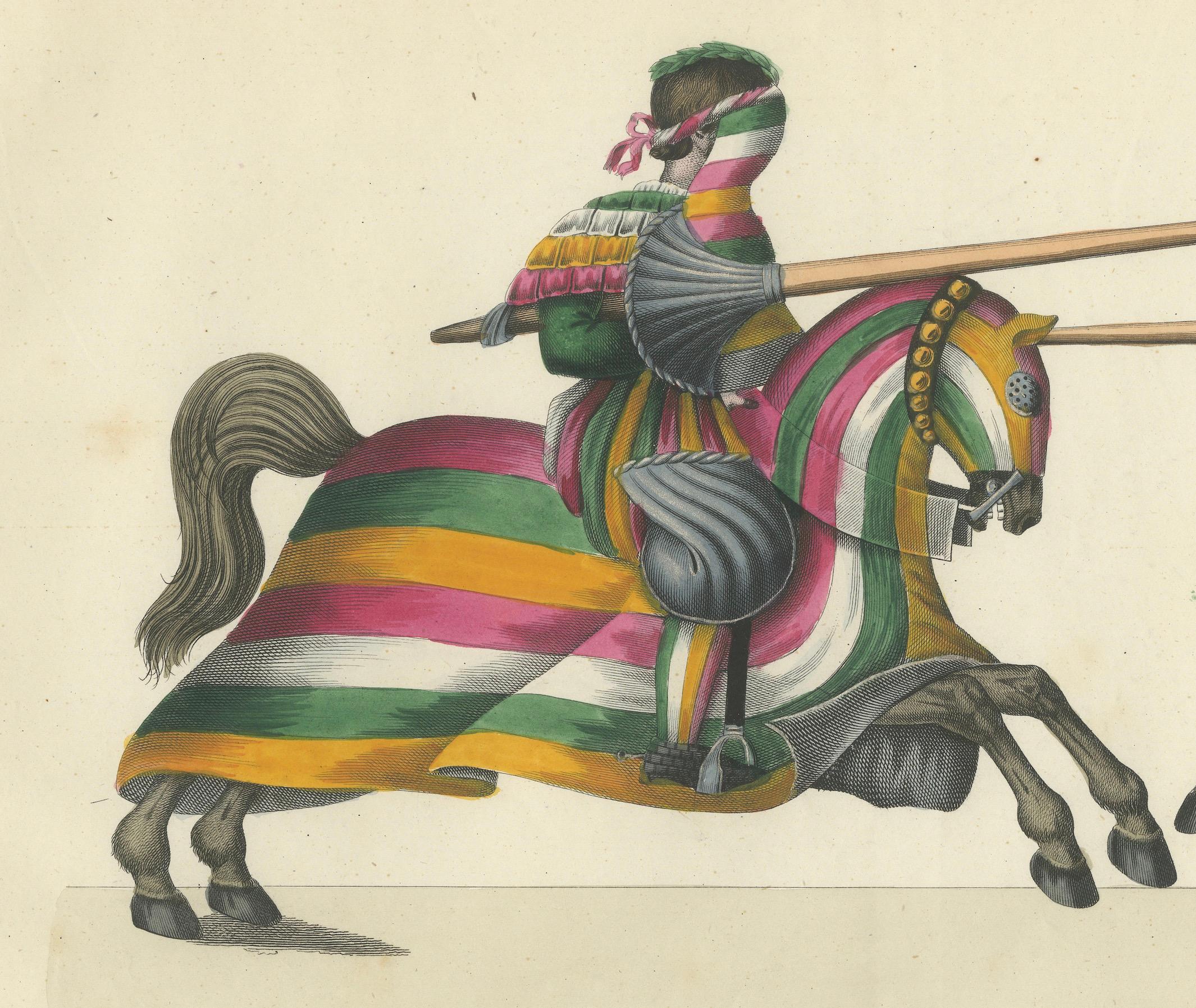 Handkolorierte Jousting-Szene mit lebhaft gestreiften und geblümten Caparisons mit lebhaften Streifen, 1842 im Angebot 2