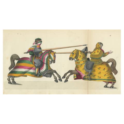 Hand-Coloured Jousting Scene with Vibrant Striped and Floral Caparisons, 1842