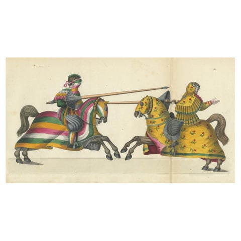 Hand-Coloured Jousting Scene with Vibrant Striped and Floral Caparisons, 1842
