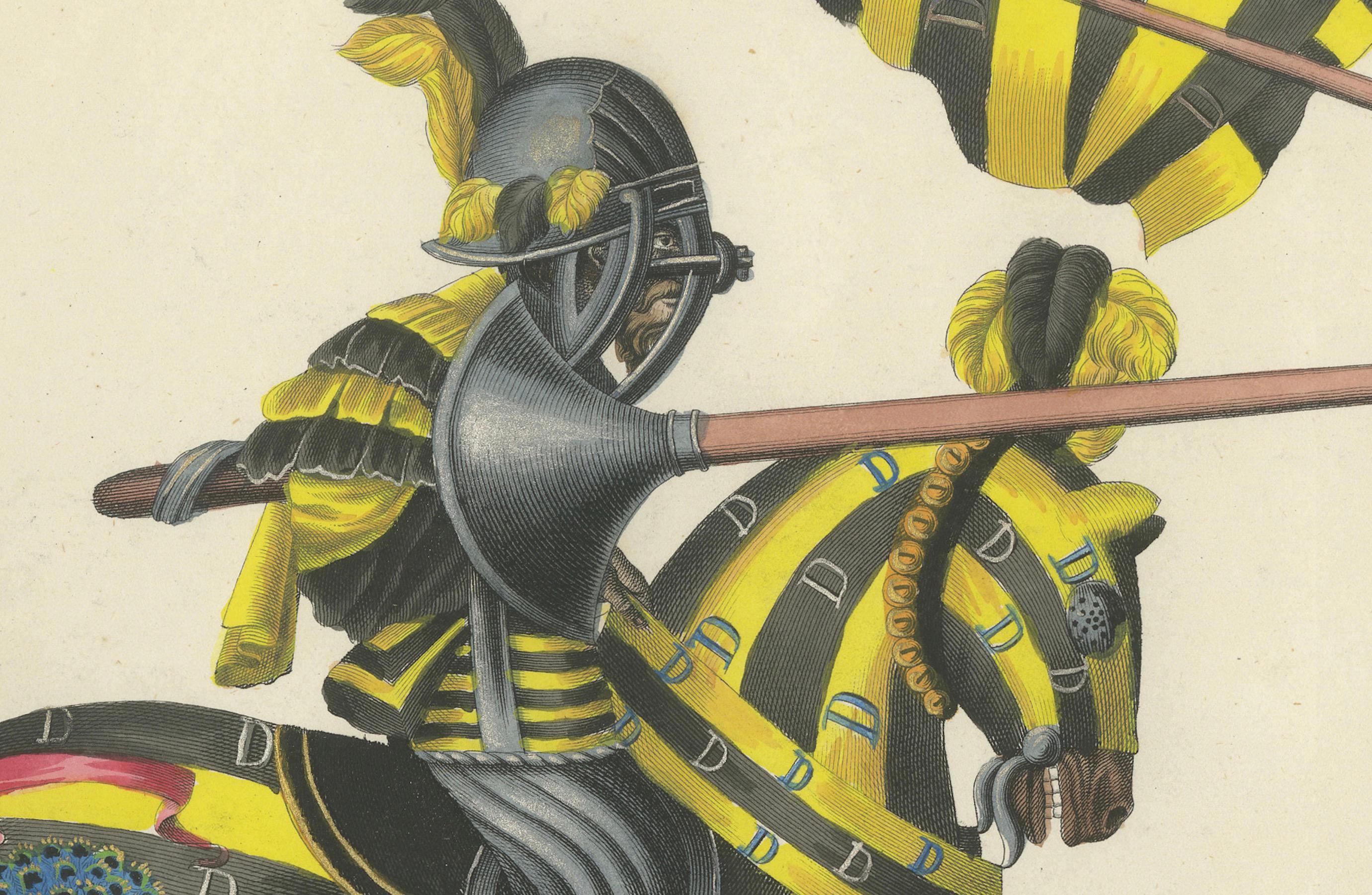 19th-Century Hand-Coloured Knightly Joust Print: Vibrant Heraldic Horses and Armor

This exquisite original hand-coloured lithograph, dating from 1842, transports the viewer to the heart of a lively jousting tournament. It originates from the
