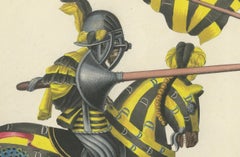 Hand-Coloured Knightly Joust Print: Vibrant Heraldic Horses and Armor, 1842