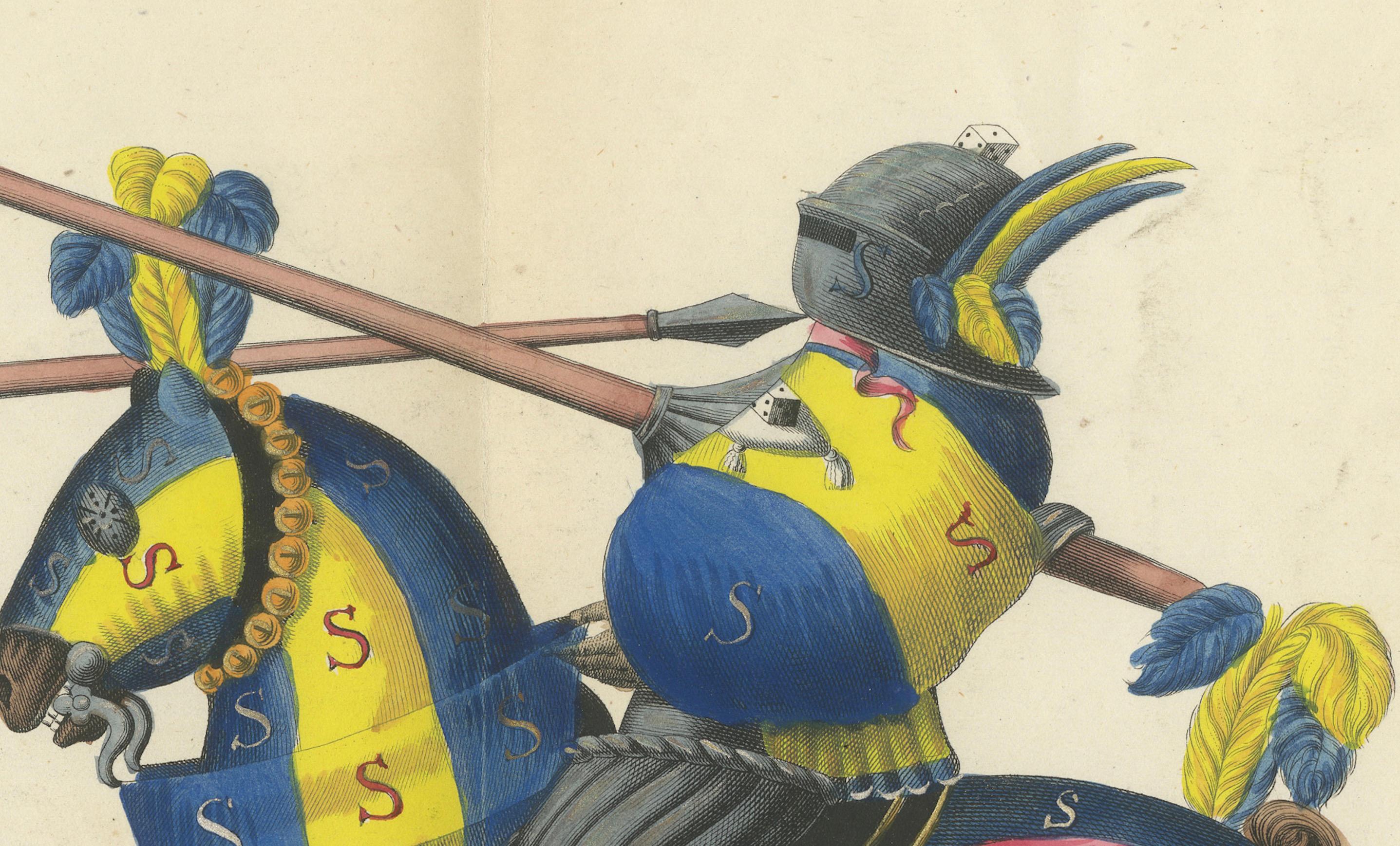 Hand-Coloured Knightly Joust Print: Vibrant Heraldic Horses and Armor, 1842 In Good Condition For Sale In Langweer, NL