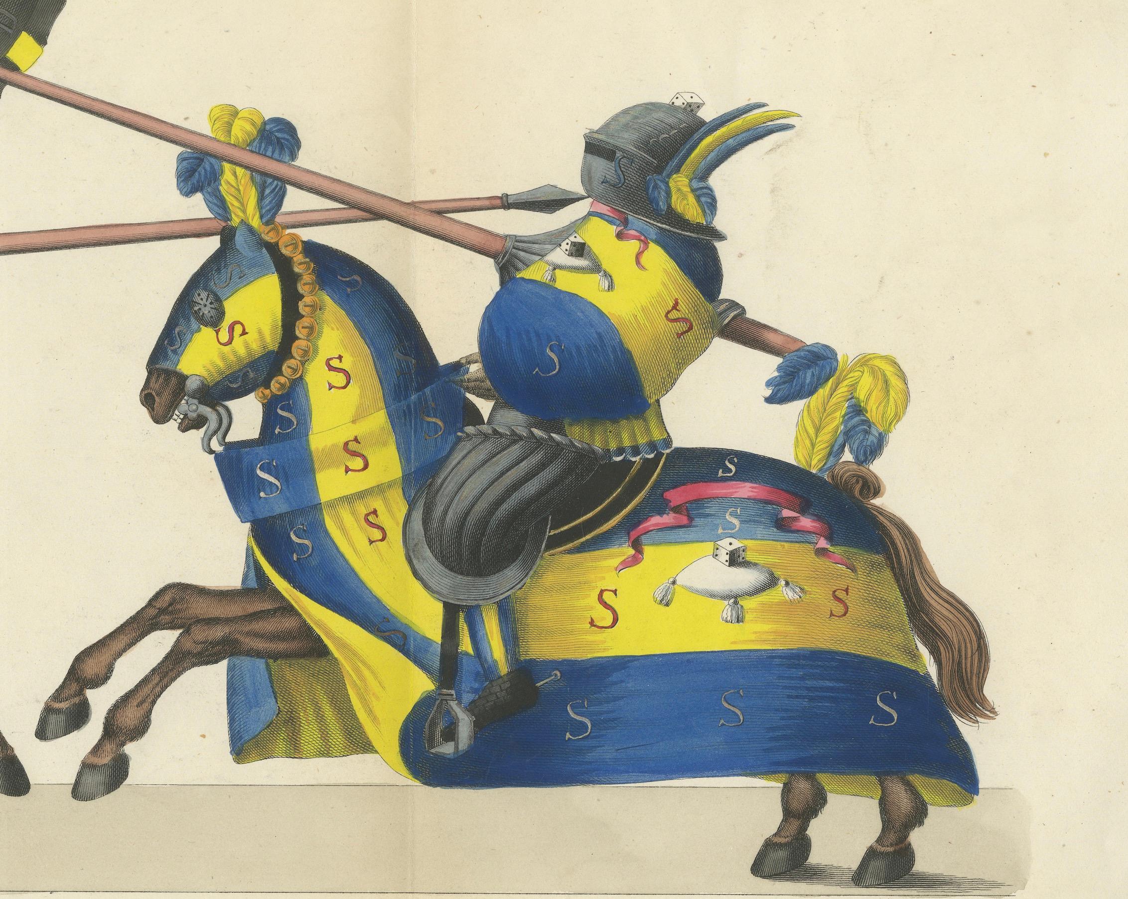 Hand-Coloured Knightly Joust Print: Vibrant Heraldic Horses and Armor, 1842 For Sale 1