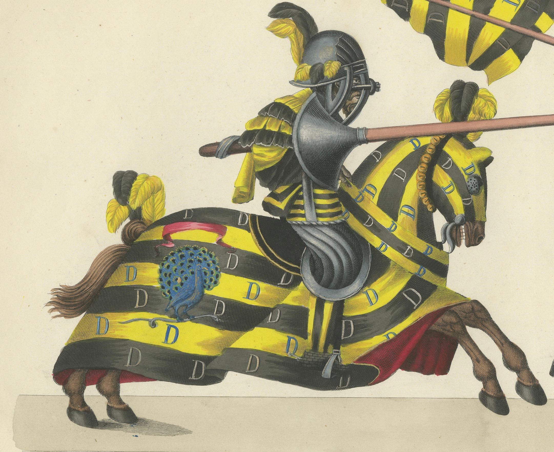Hand-Coloured Knightly Joust Print: Vibrant Heraldic Horses and Armor, 1842 For Sale 2