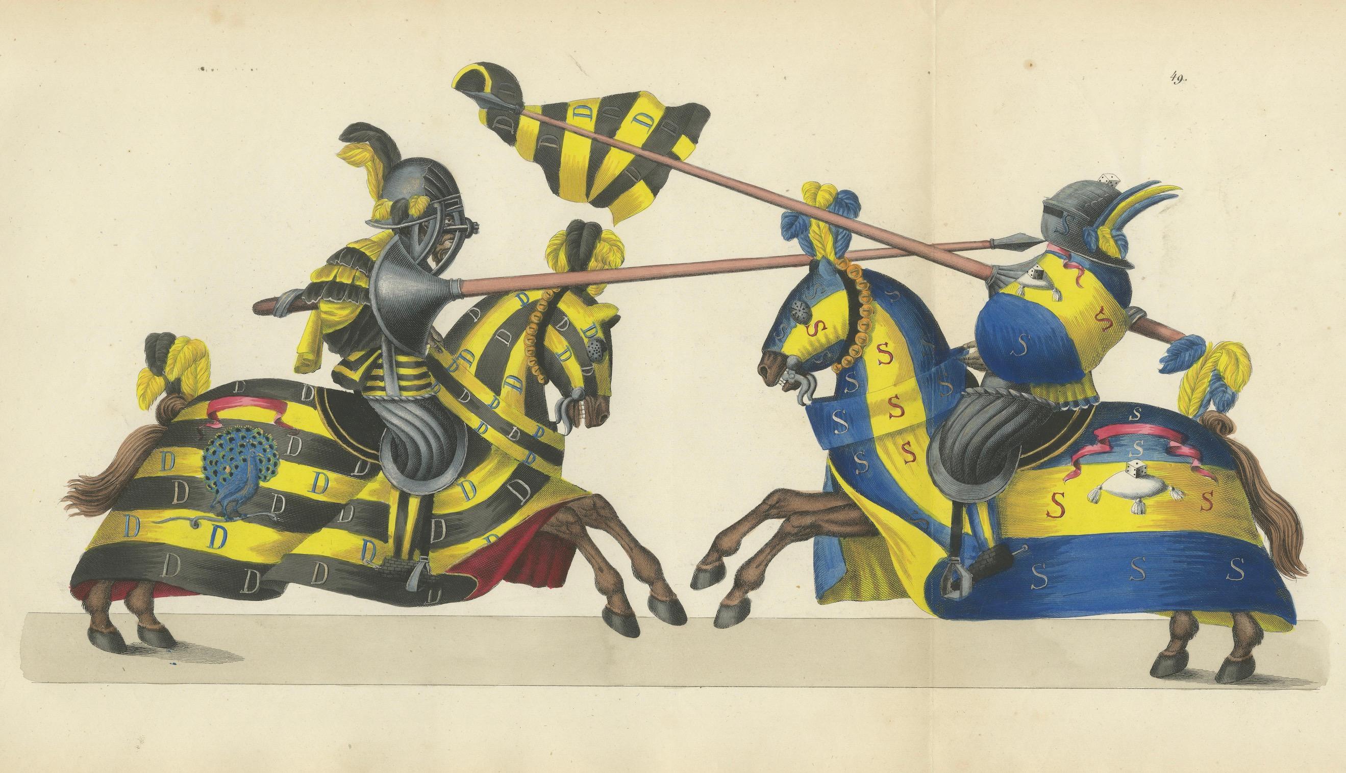Hand-Coloured Knightly Joust Print: Vibrant Heraldic Horses and Armor, 1842 For Sale 3
