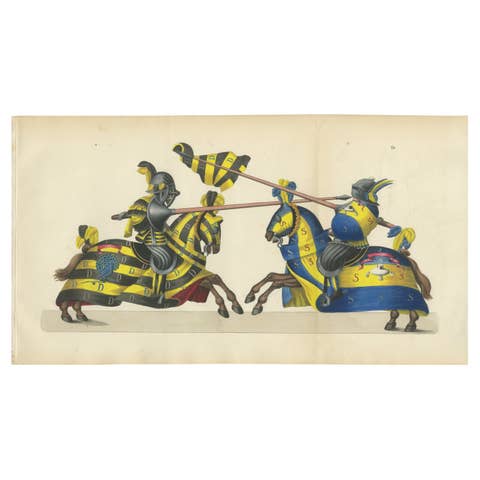 Hand-Coloured Knightly Joust Print: Vibrant Heraldic Horses and Armor, 1842