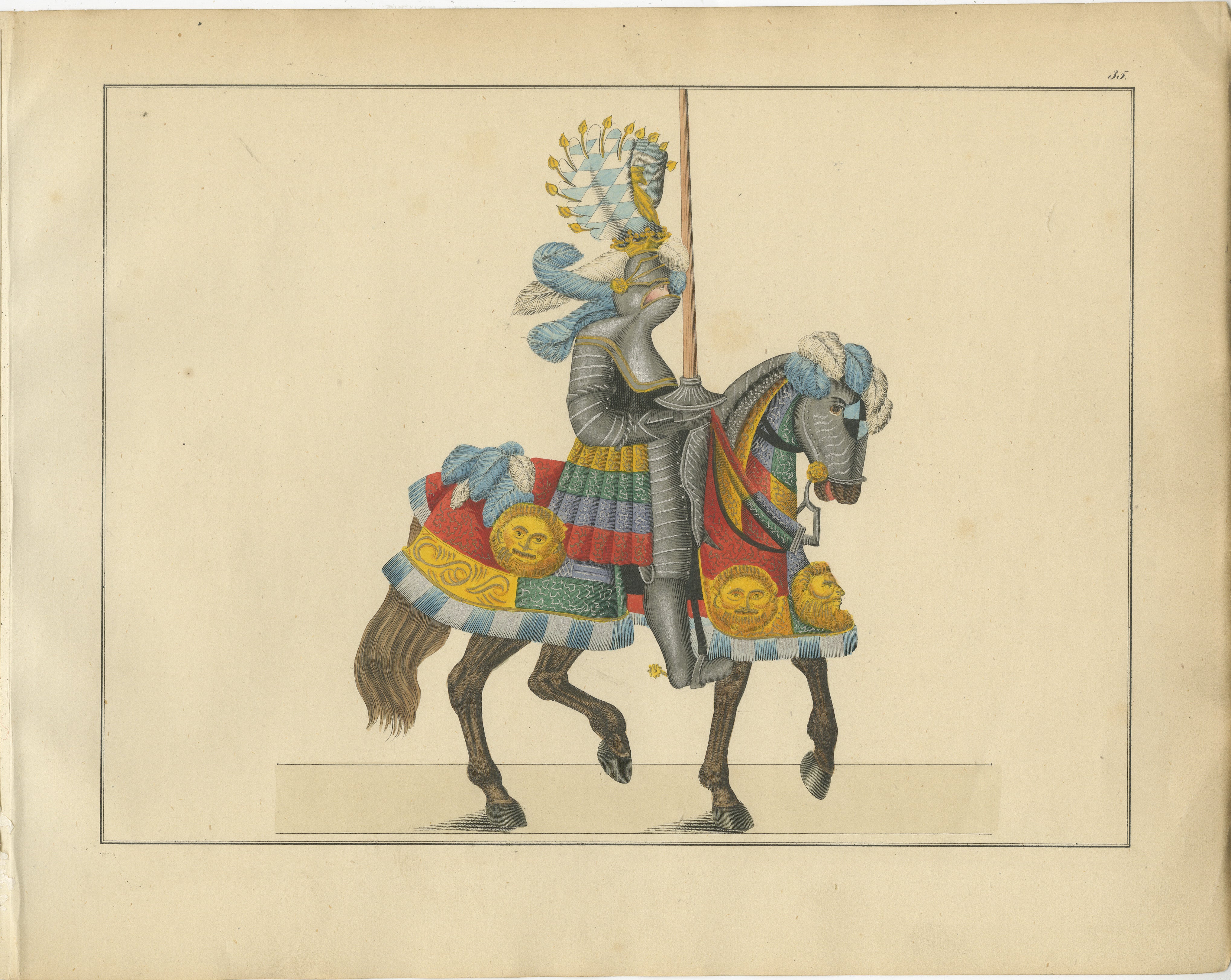 Estampa de armadura de caballero del siglo XIX coloreada a mano con vibrantes motivos heráldicos

Esta litografía original coloreada a mano, realizada en 1842, ofrece una visión rara y sorprendente de los fastuosos atuendos ceremoniales y el