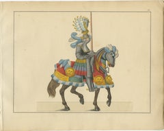 Hand-Coloured Knightly Parade Armour Print with Vibrant Heraldic Motifs, 1842