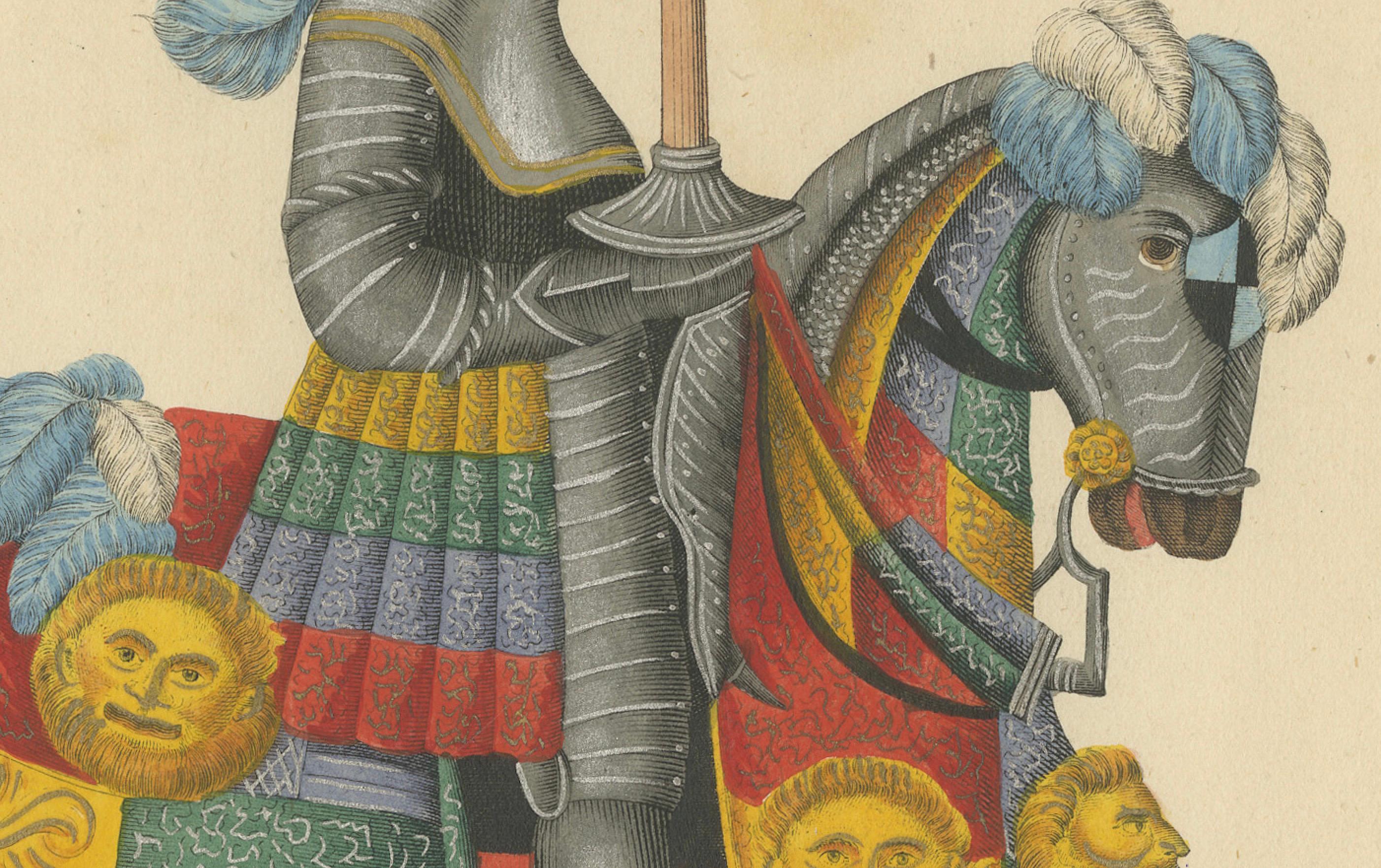 Estampa de armadura de caballero coloreada a mano con vibrantes motivos heráldicos, 1842 en Bueno estado para la venta en Langweer, NL