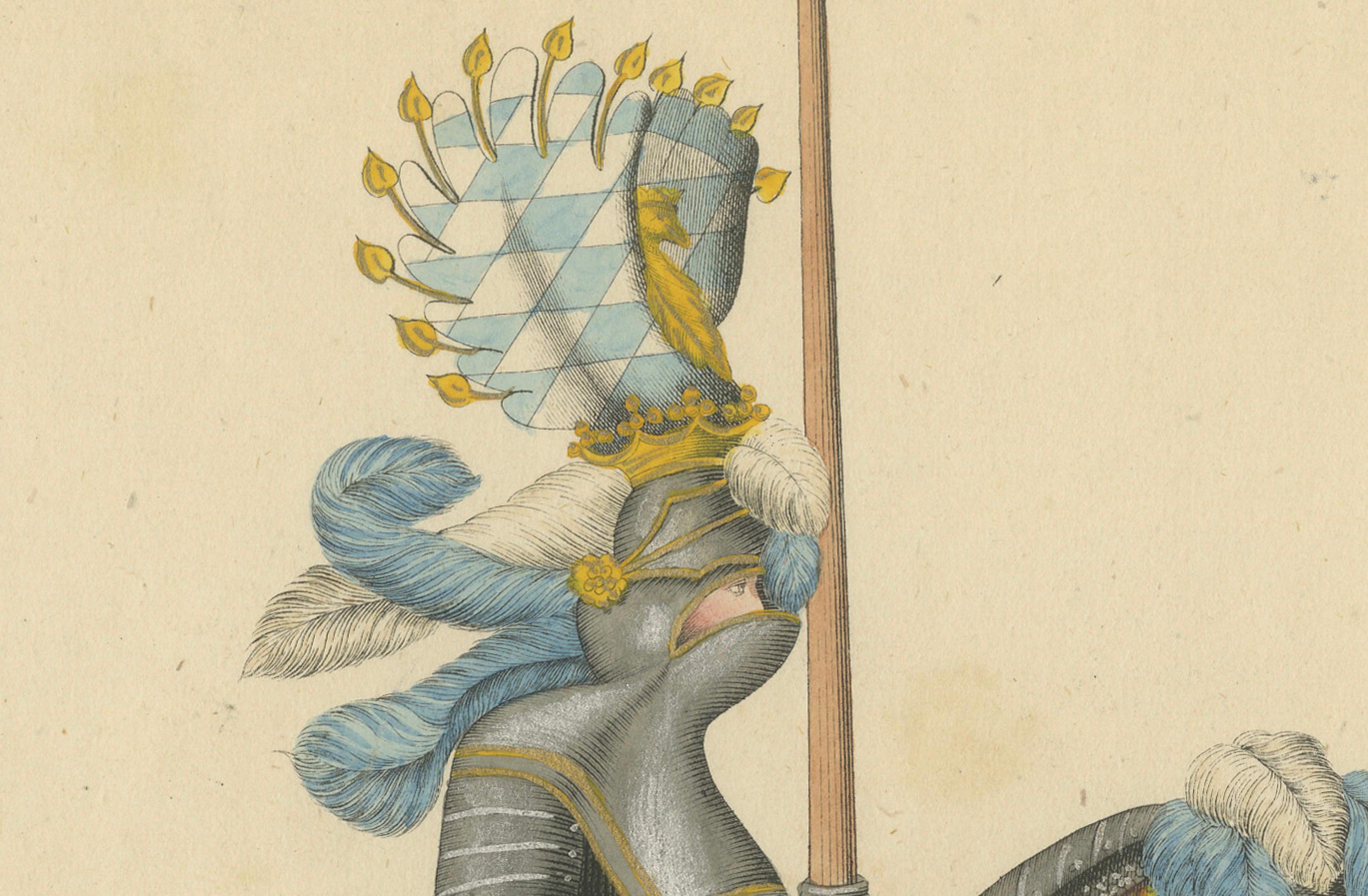 Estampa de armadura de caballero coloreada a mano con vibrantes motivos heráldicos, 1842 Mediados del siglo XIX en venta