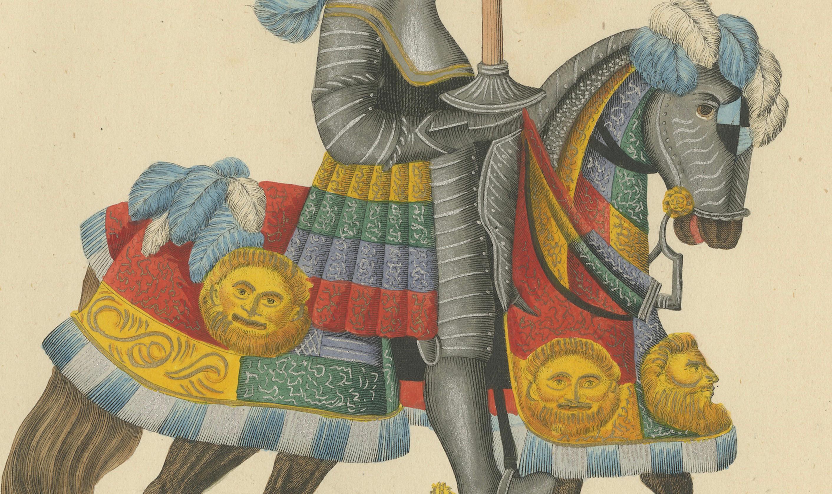 Estampa de armadura de caballero coloreada a mano con vibrantes motivos heráldicos, 1842 Papel en venta