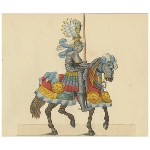 Hand-Coloured Knightly Parade Armour Print with Vibrant Heraldic Motifs, 1842