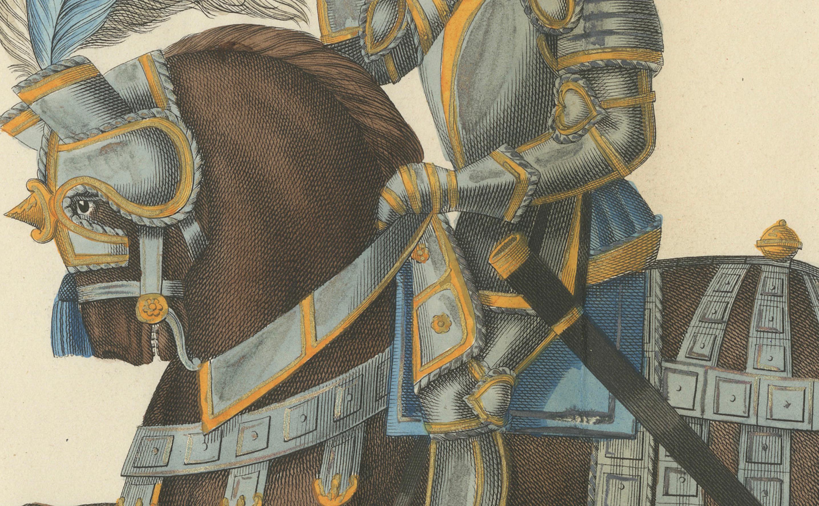 Título:  Caballeros con armadura de justa sobre caballos enjaezados  

Descripción: Esta litografía coloreada a mano retrata vívidamente a dos caballeros vestidos con armadura de justas, montados en caballos elaboradamente enjaezados y preparados