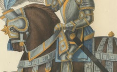 Hand-Coloured Litho of Knights in Jousting Armor on Caparisoned Horses, 1842