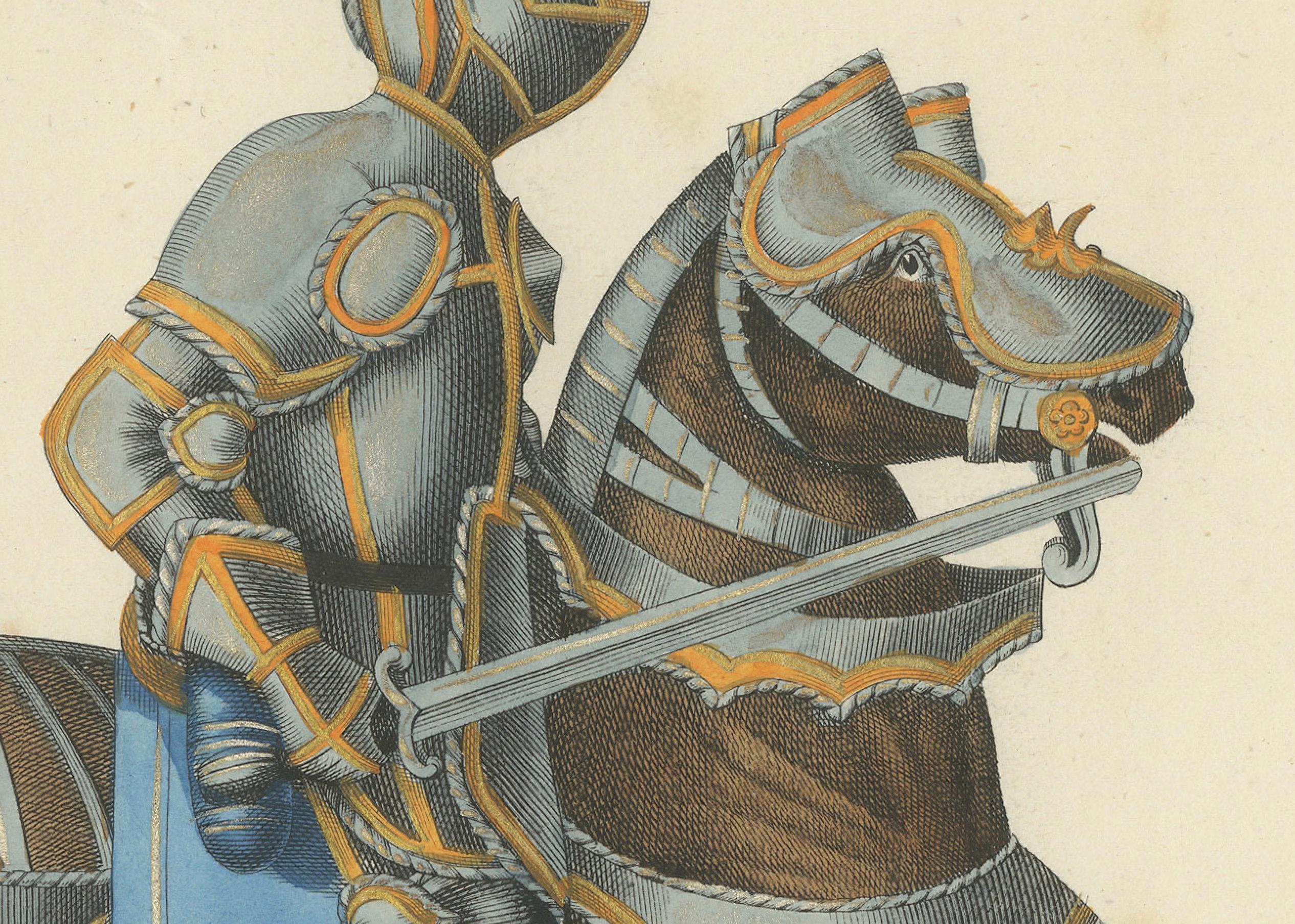 Litografía coloreada a mano de caballeros con armadura de justas sobre caballos enjaezados, 1842 en Bueno estado para la venta en Langweer, NL