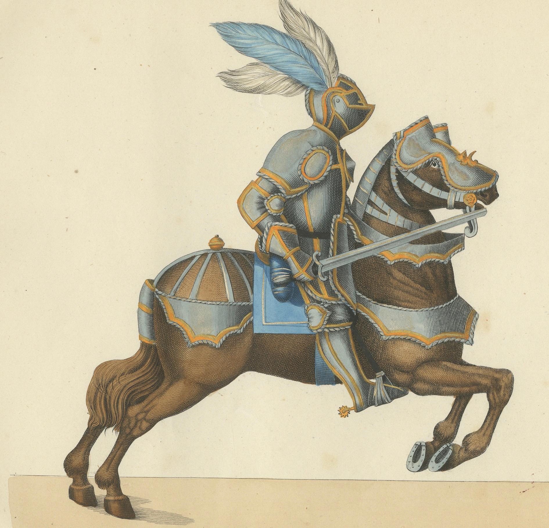 Litografía coloreada a mano de caballeros con armadura de justas sobre caballos enjaezados, 1842 Papel en venta