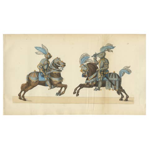 Hand-Coloured Litho of Knights in Jousting Armor on Caparisoned Horses, 1842