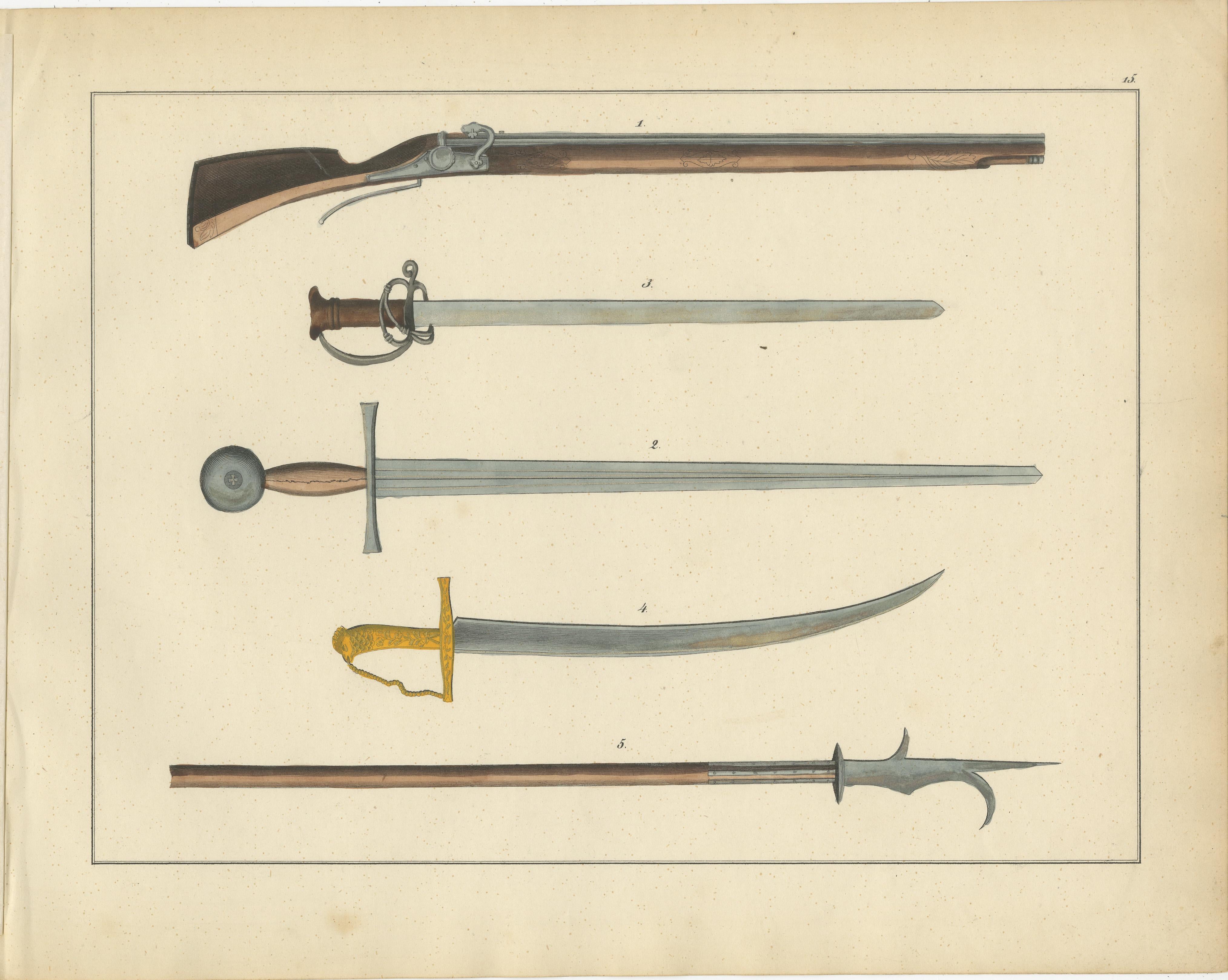 Titre : Compilation d'épées, d'armes à feu et d'armes à feu par lithographie en couleurs à la main du 19e siècle  

Description :  
Cette compilation de lithographies colorées à la main par des experts présente un assortiment impressionnant d'armes
