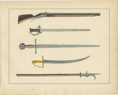 Hand-Coloured Lithograph Compilation of Medieval and Early Modern Weaponry, 1842
