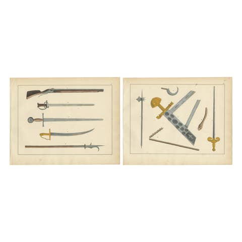 Hand-Coloured Lithograph Compilation of Medieval and Early Modern Weaponry, 1842