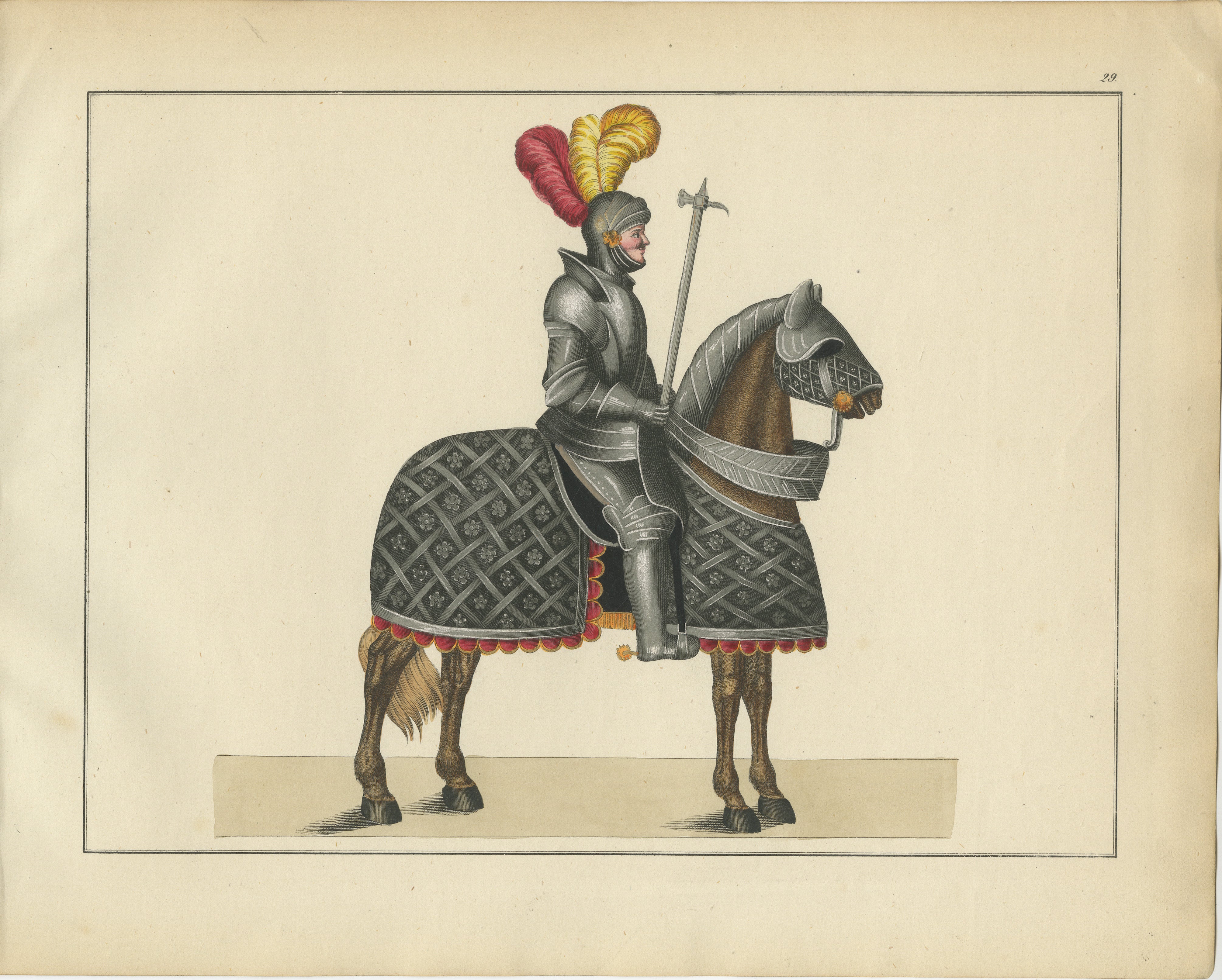Title: Hand-Coloured Lithograph of Armoured Knight and Horse in Tournament Dress  

Description: This exquisite hand-coloured lithograph presents a fully armoured knight mounted on a similarly armoured horse, highlighting the grandeur of medieval