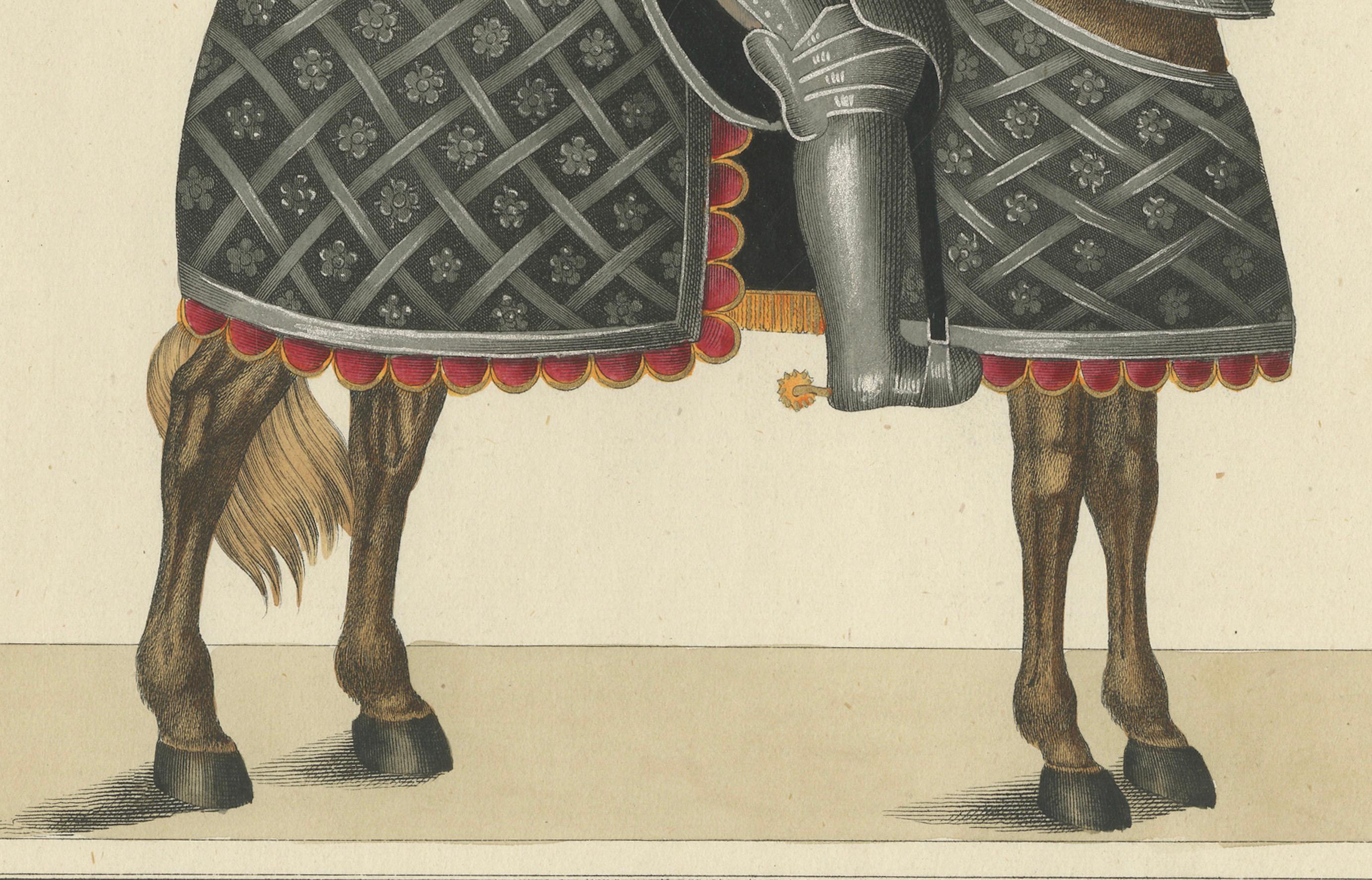 Hand-Coloured Lithograph of Armoured Knight and Horse in Tournament Dress, 1842 In Excellent Condition For Sale In Langweer, NL