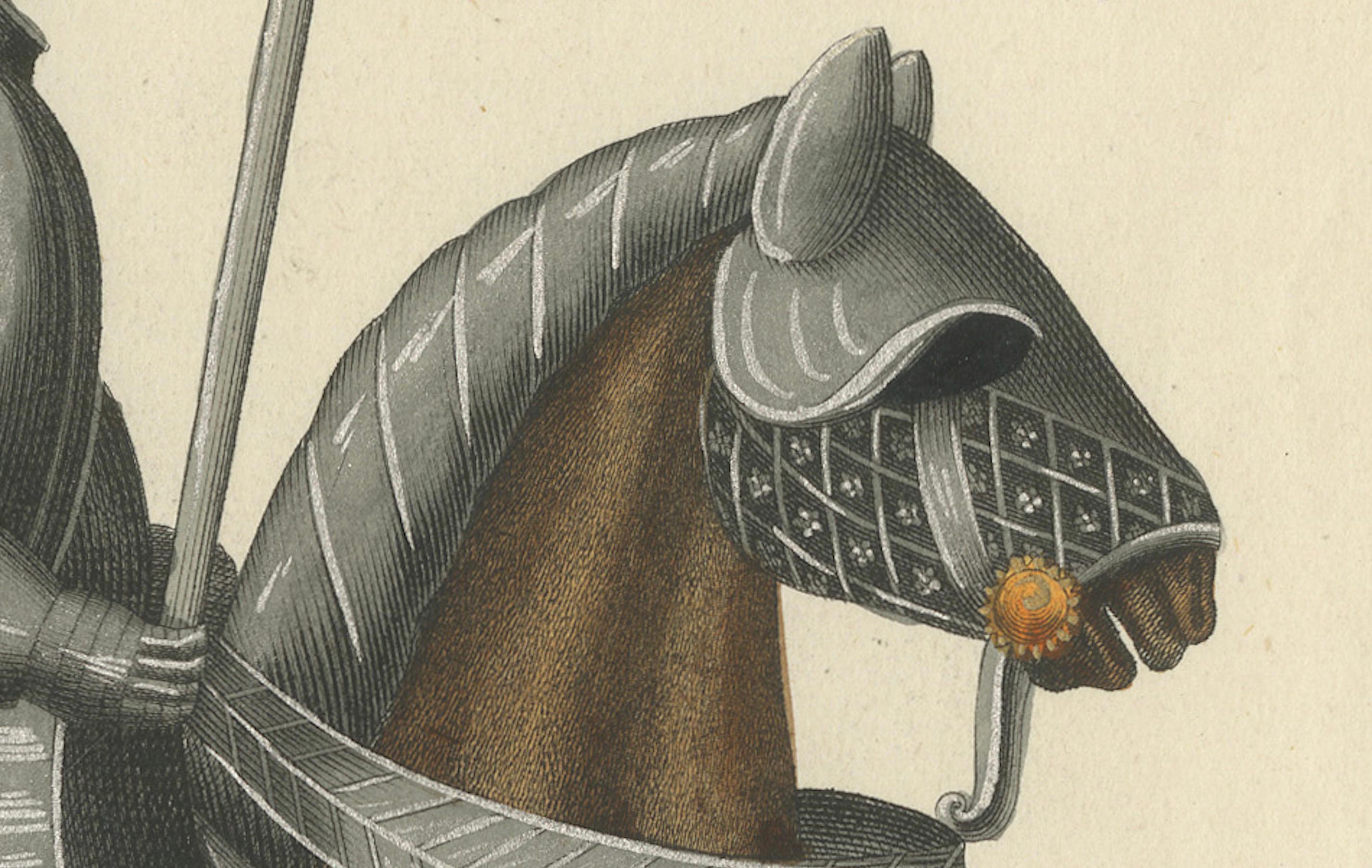 Mid-19th Century Hand-Coloured Lithograph of Armoured Knight and Horse in Tournament Dress, 1842 For Sale