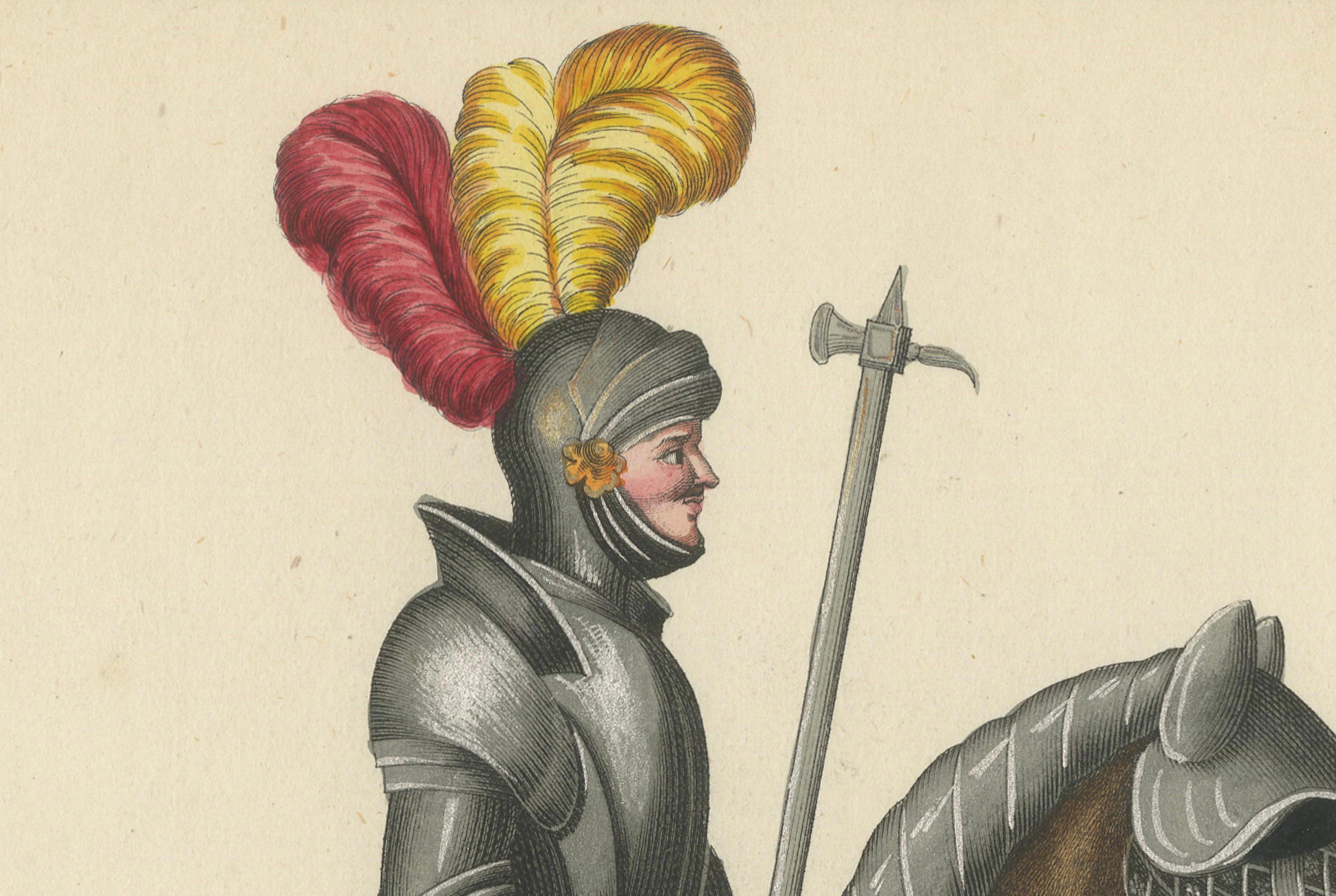 Paper Hand-Coloured Lithograph of Armoured Knight and Horse in Tournament Dress, 1842 For Sale