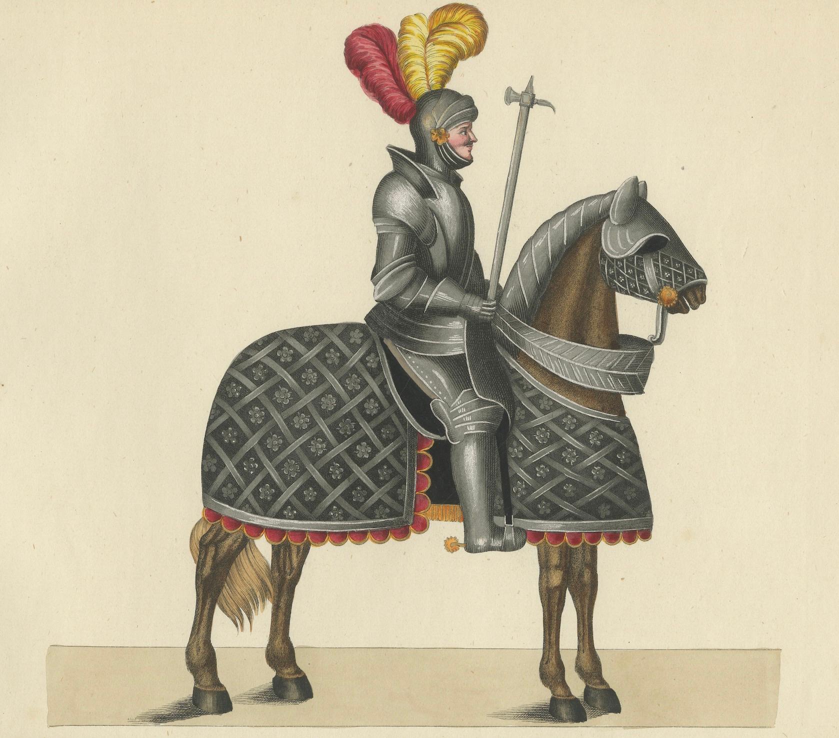 Hand-Coloured Lithograph of Armoured Knight and Horse in Tournament Dress, 1842 For Sale 1