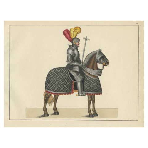 Hand-Coloured Lithograph of Armoured Knight and Horse in Tournament Dress, 1842