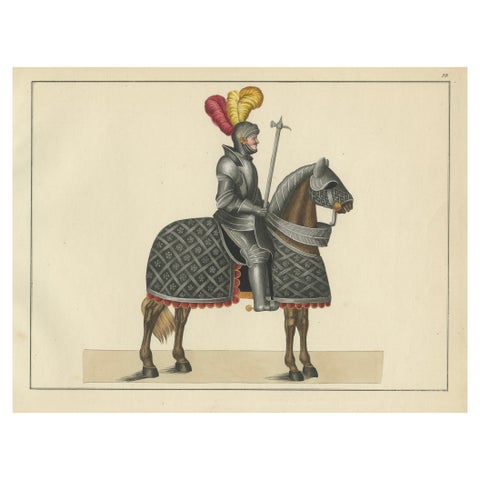 Hand-Coloured Lithograph of Armoured Knight and Horse in Tournament Dress, 1842