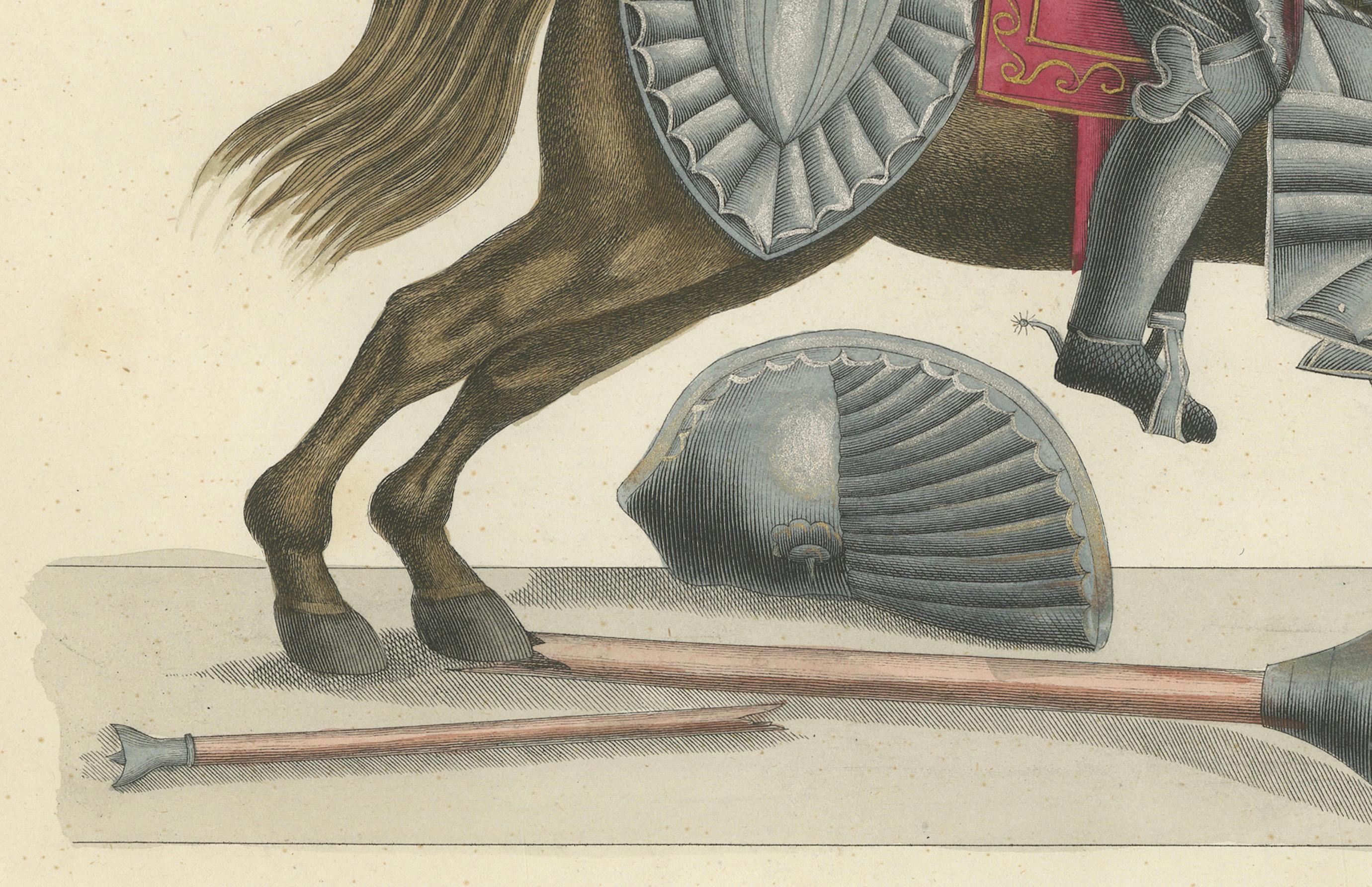 Handkolorierte Lithographie von Rittern nach einem zerbrochenen Lance-Duel, 1842 im Zustand „Gut“ im Angebot in Langweer, NL