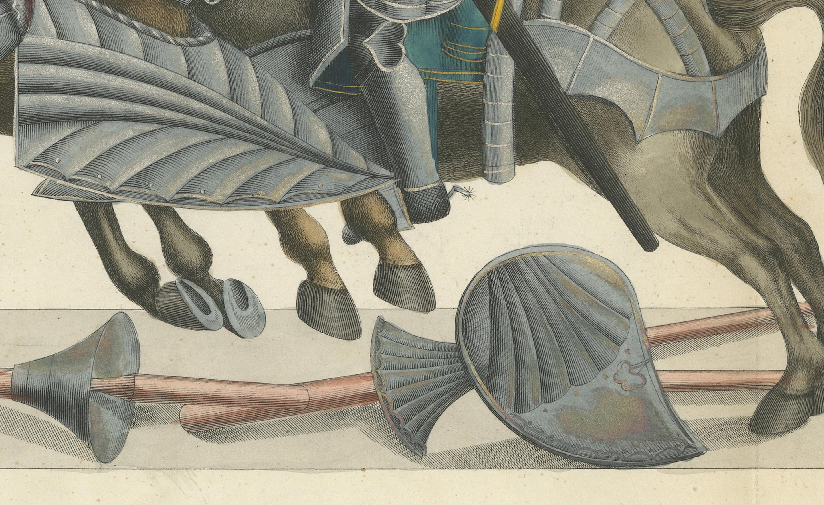 Handkolorierte Lithographie von Rittern nach einem zerbrochenen Lance-Duel, 1842 (Mittleres 19. Jahrhundert) im Angebot