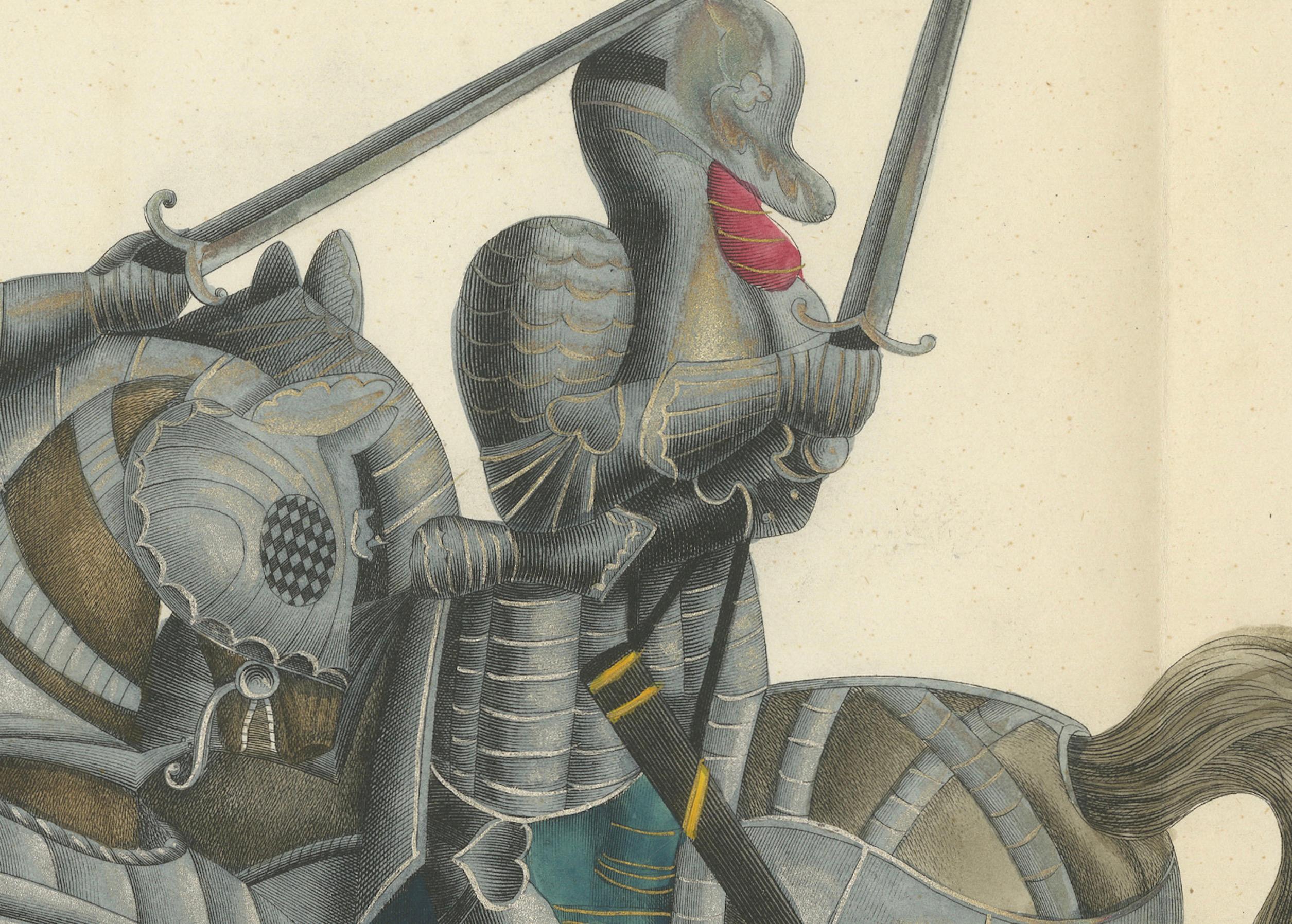 Handkolorierte Lithographie von Rittern nach einem zerbrochenen Lance-Duel, 1842 (Papier) im Angebot