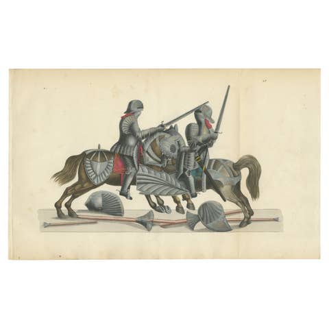 Hand-Coloured Lithograph of Knights in Aftermath of a Broken Lance Duel, 1842