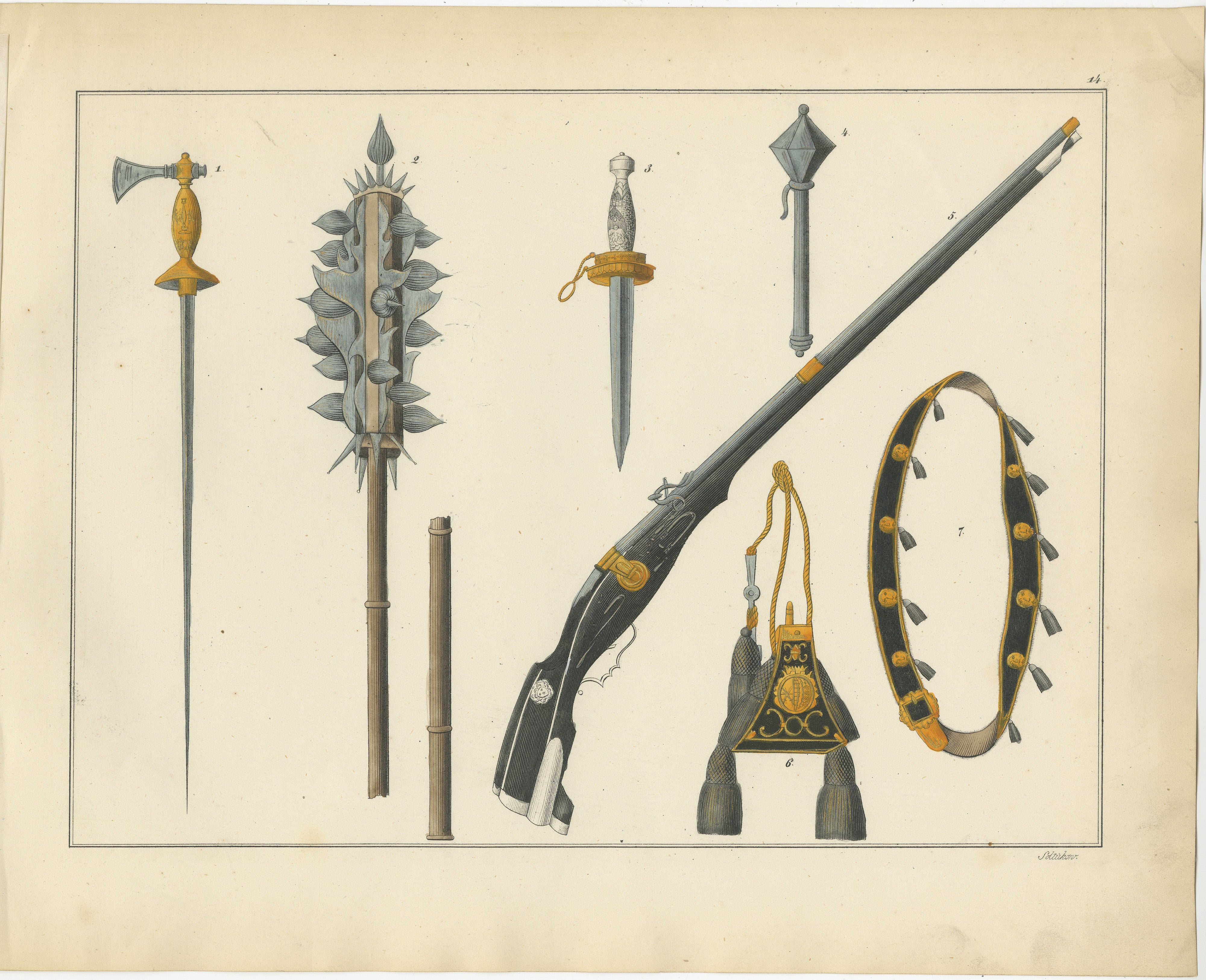 Title: 19th-Century Hand-Coloured Lithograph of Medieval Axes, Maces, Daggers, and Firearm  

Description: This remarkable hand-coloured lithograph presents an eclectic collection of medieval and early modern weapons and accessories, highlighting
