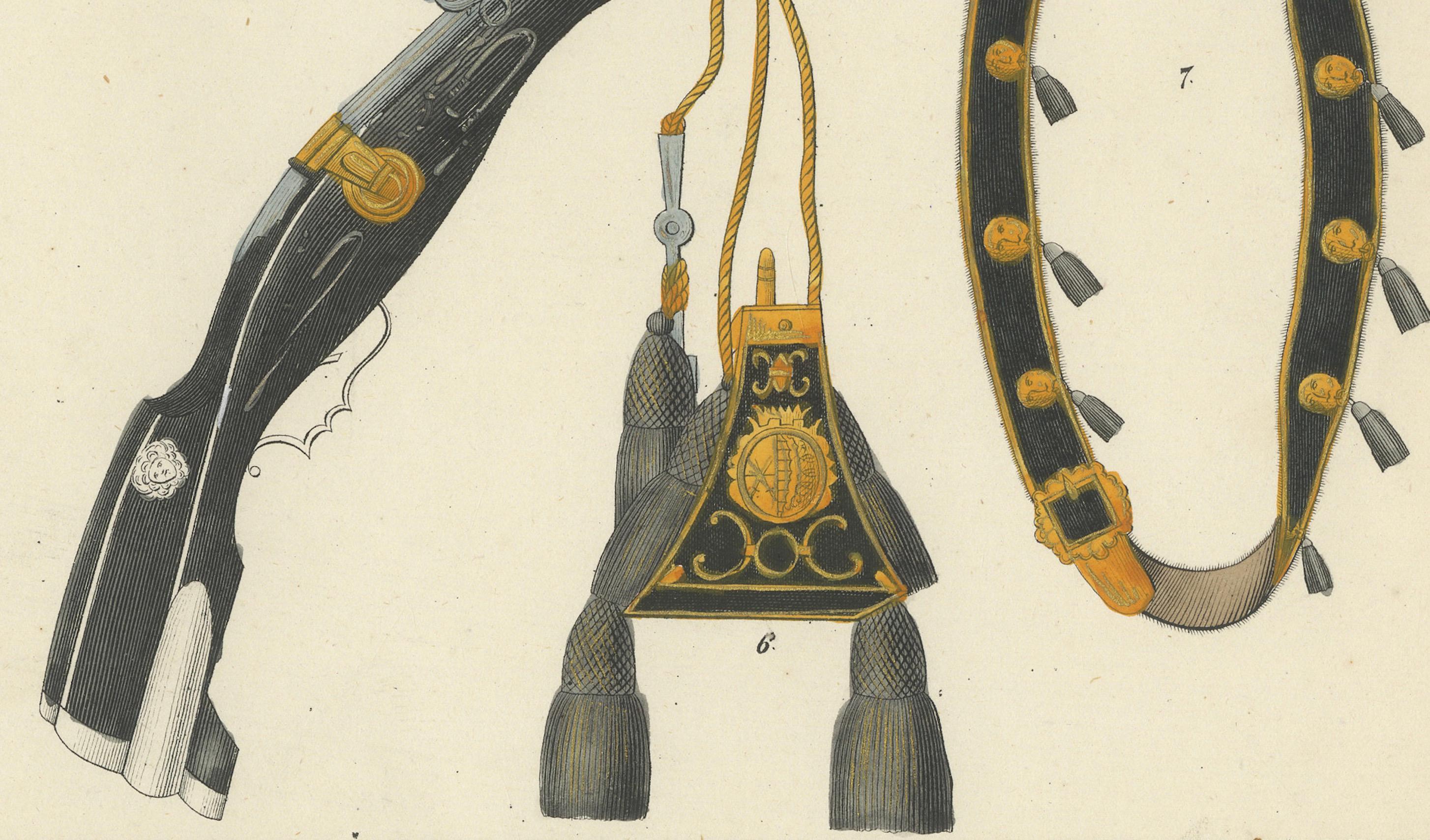 Hand-Coloured Lithograph of Medieval Axes, Maces, Daggers, and Fire Arm, 1842 In Good Condition For Sale In Langweer, NL