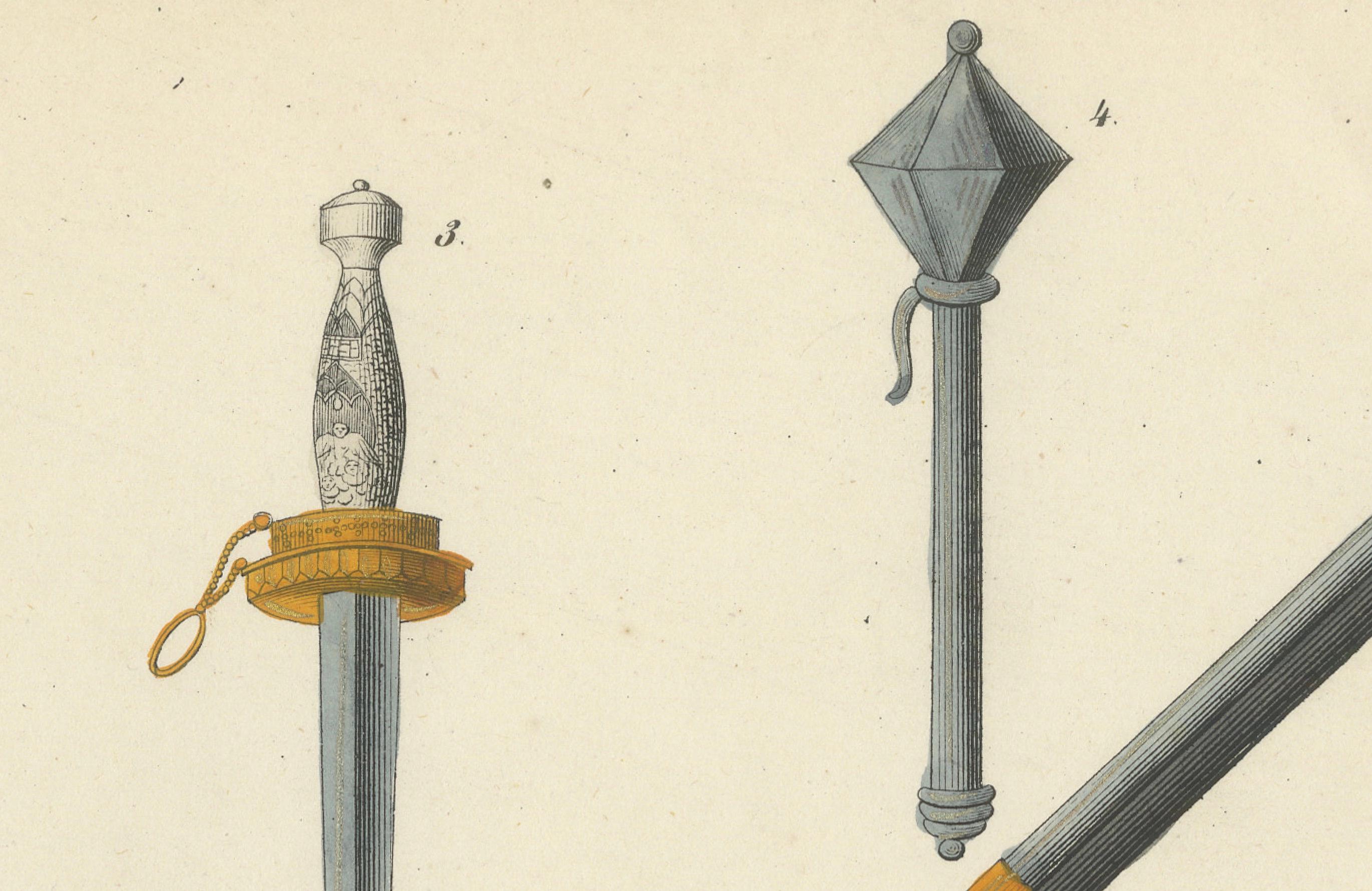 Mid-19th Century Hand-Coloured Lithograph of Medieval Axes, Maces, Daggers, and Fire Arm, 1842 For Sale