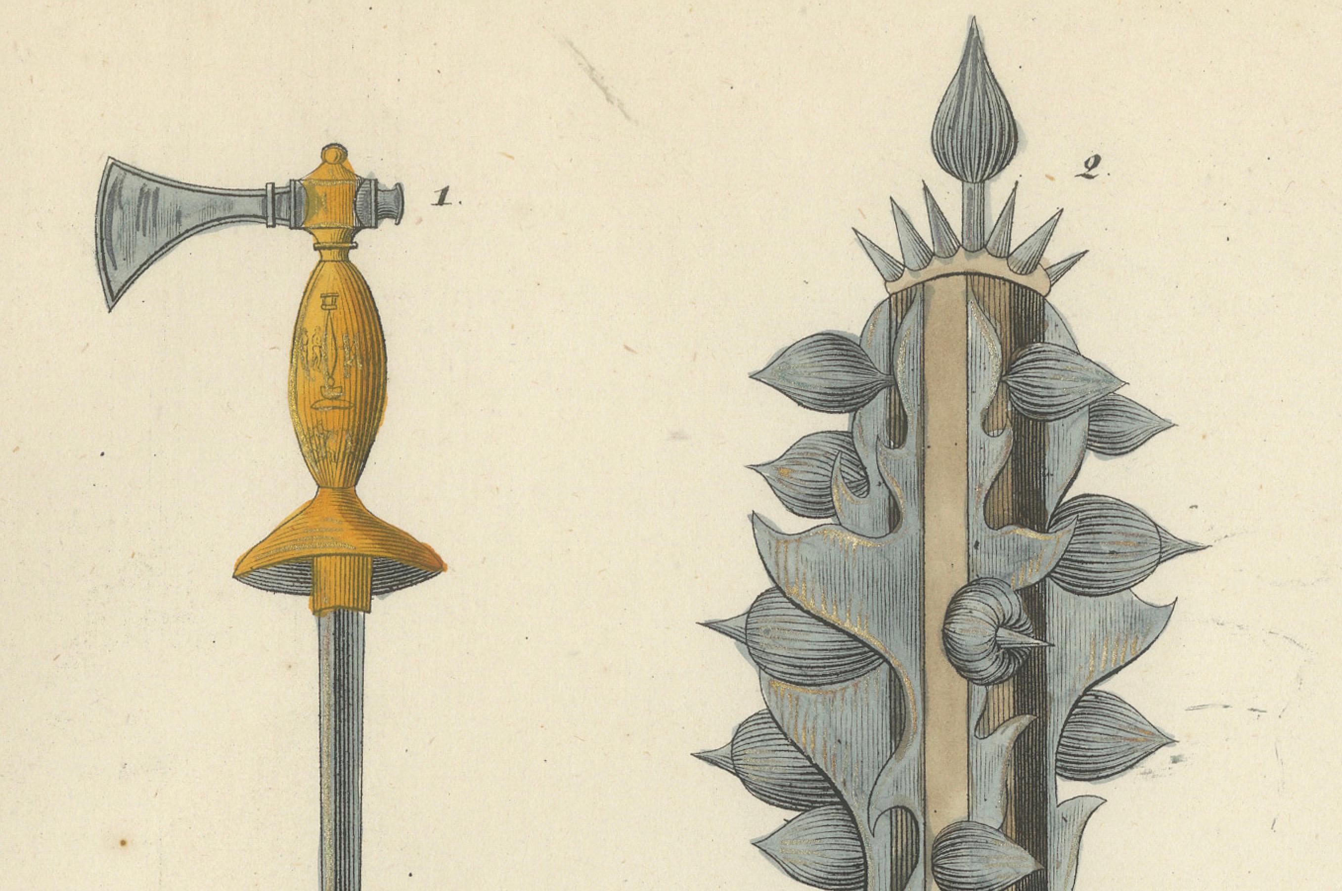 Paper Hand-Coloured Lithograph of Medieval Axes, Maces, Daggers, and Fire Arm, 1842 For Sale