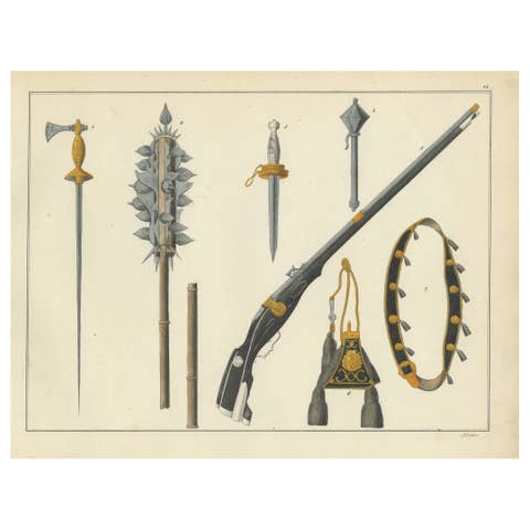 Hand-Coloured Lithograph of Medieval Axes, Maces, Daggers, and Fire Arm, 1842