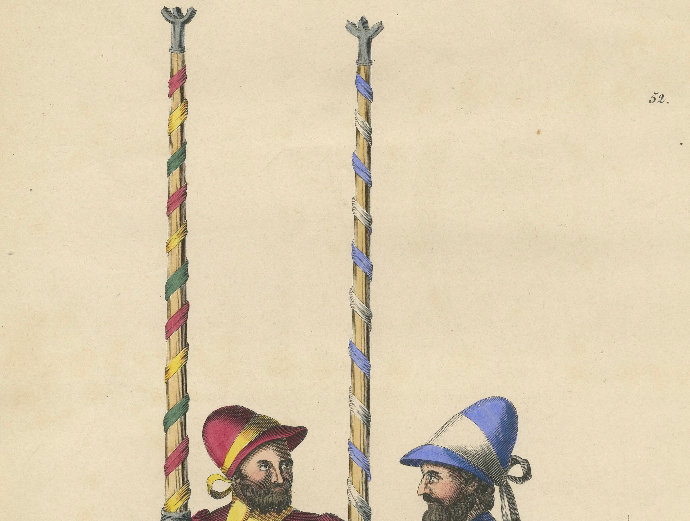 Handkolorierte Lithographie aus dem 19. Jahrhundert mit mittelalterlichen Reitern mit festlichen Standarten

Diese originale handkolorierte Lithographie aus dem Jahr 1842 bietet einen faszinierenden Einblick in die zeremoniellen Aspekte des
