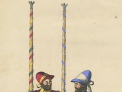 Hand-Coloured Lithograph of Medieval Horsemen with Festive Standards, 1842