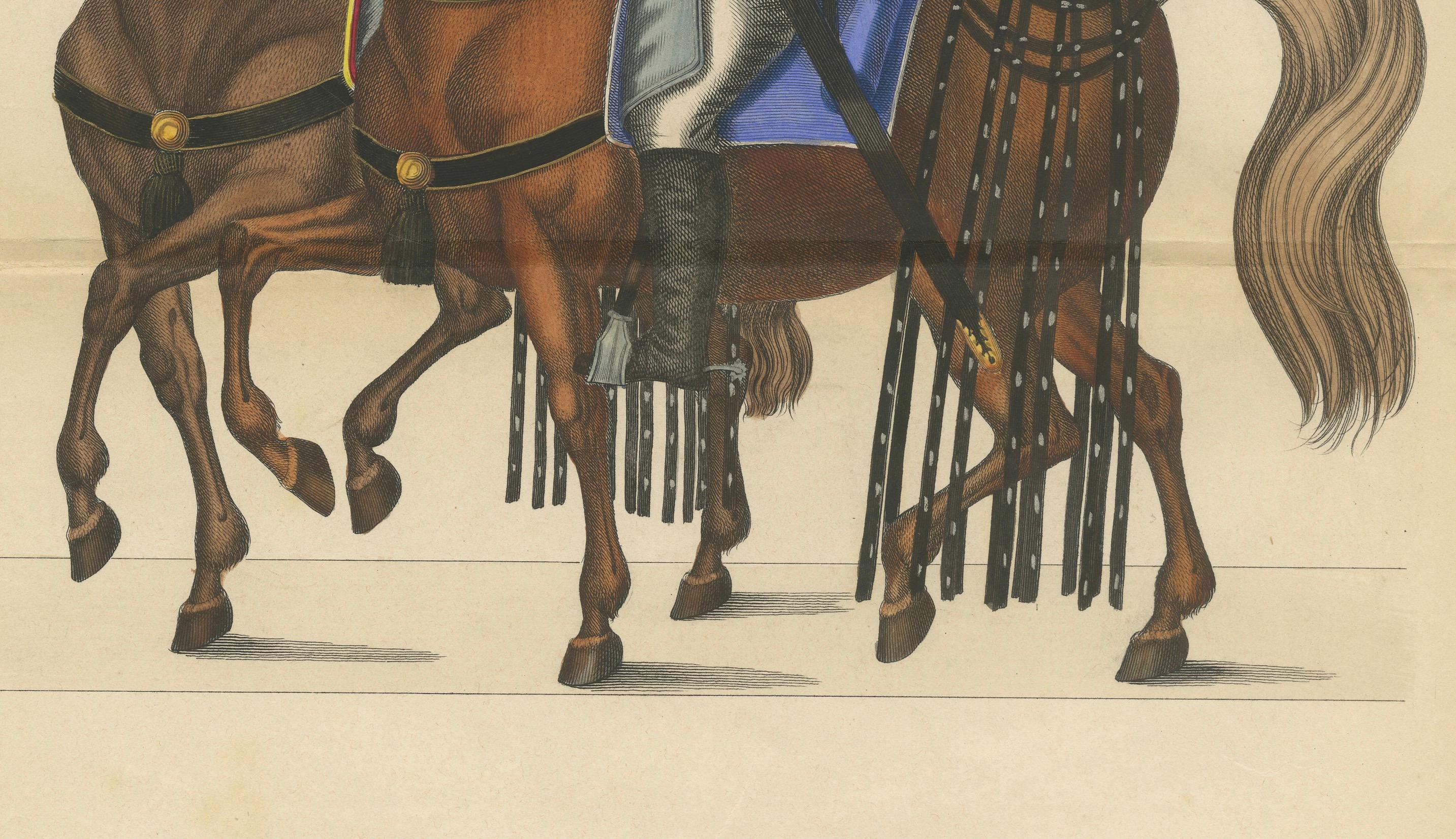 Handkolorierte Lithographie mittelalterlicher Reiter mit festlichen Standards, 1842 im Zustand „Gut“ im Angebot in Langweer, NL