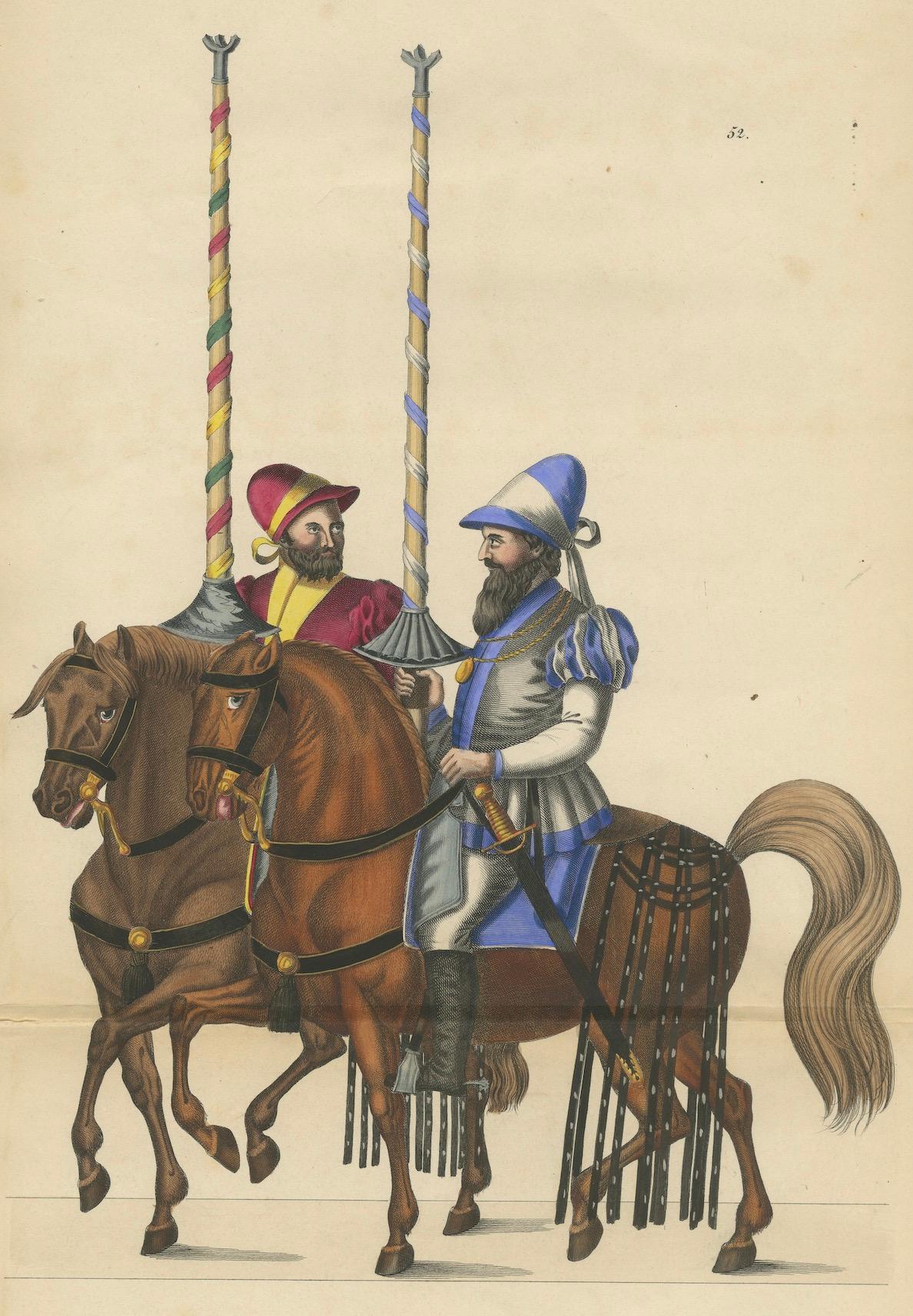 Handkolorierte Lithographie mittelalterlicher Reiter mit festlichen Standards, 1842 im Angebot 1