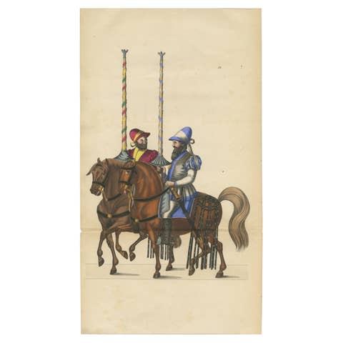 Hand-Coloured Lithograph of Medieval Horsemen with Festive Standards, 1842