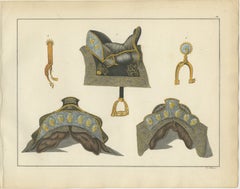 Hand-Coloured Lithograph of Ornate Medieval Horse Saddles and Stirrups, 1842