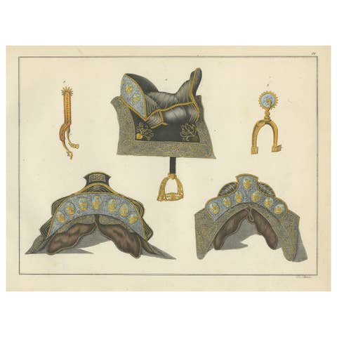 Hand-Coloured Lithograph of Ornate Medieval Horse Saddles and Stirrups, 1842