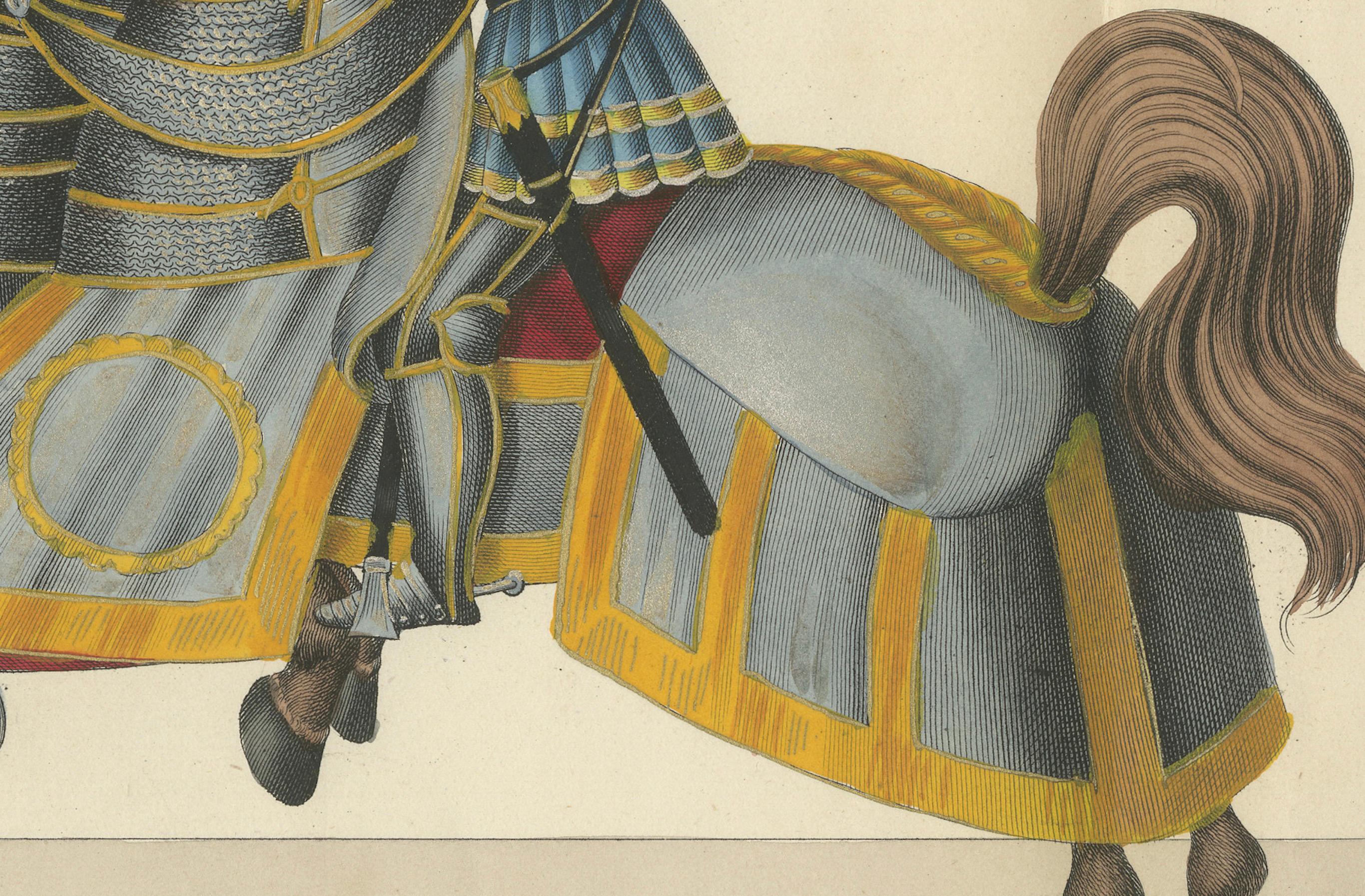 Handkolorierter Druck aus dem 19. Jahrhundert mit gepanzerten Rittern im Nahkampf zu Pferd

Diese bemerkenswerte handkolorierte Originallithografie aus dem Jahr 1842 bietet einen fesselnden Einblick in den martialischen Prunk der von Mittelalter und
