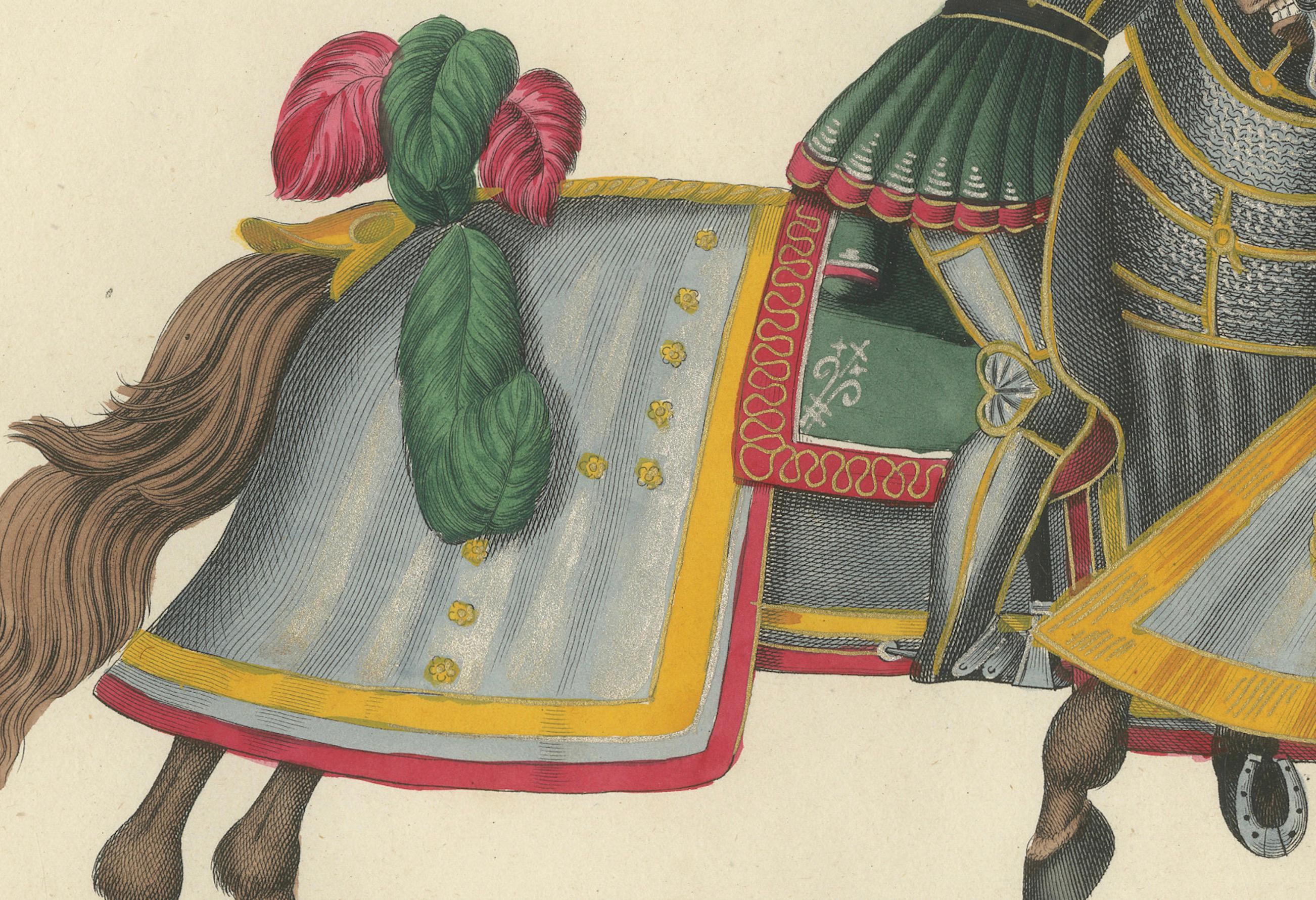 Handkolorierter Druck von getränkten Rittern in Close-Combat Horseback Duel mit Wappen, 1842 im Zustand „Gut“ im Angebot in Langweer, NL
